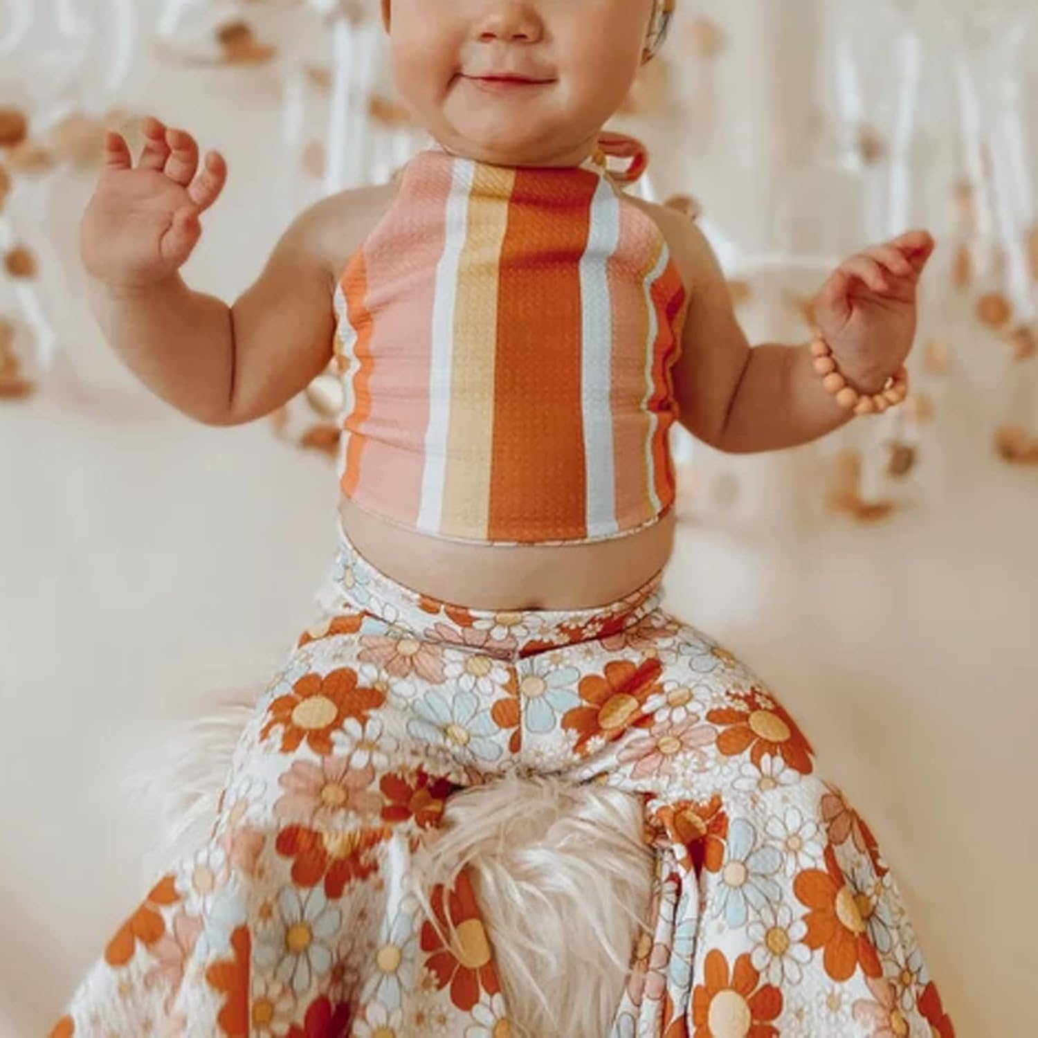 Toddler Baby Girl Boho Outfits Floral Sleeveless Halter Crop Top Bell Bottom Pants Summer Clothes Set - Image 3