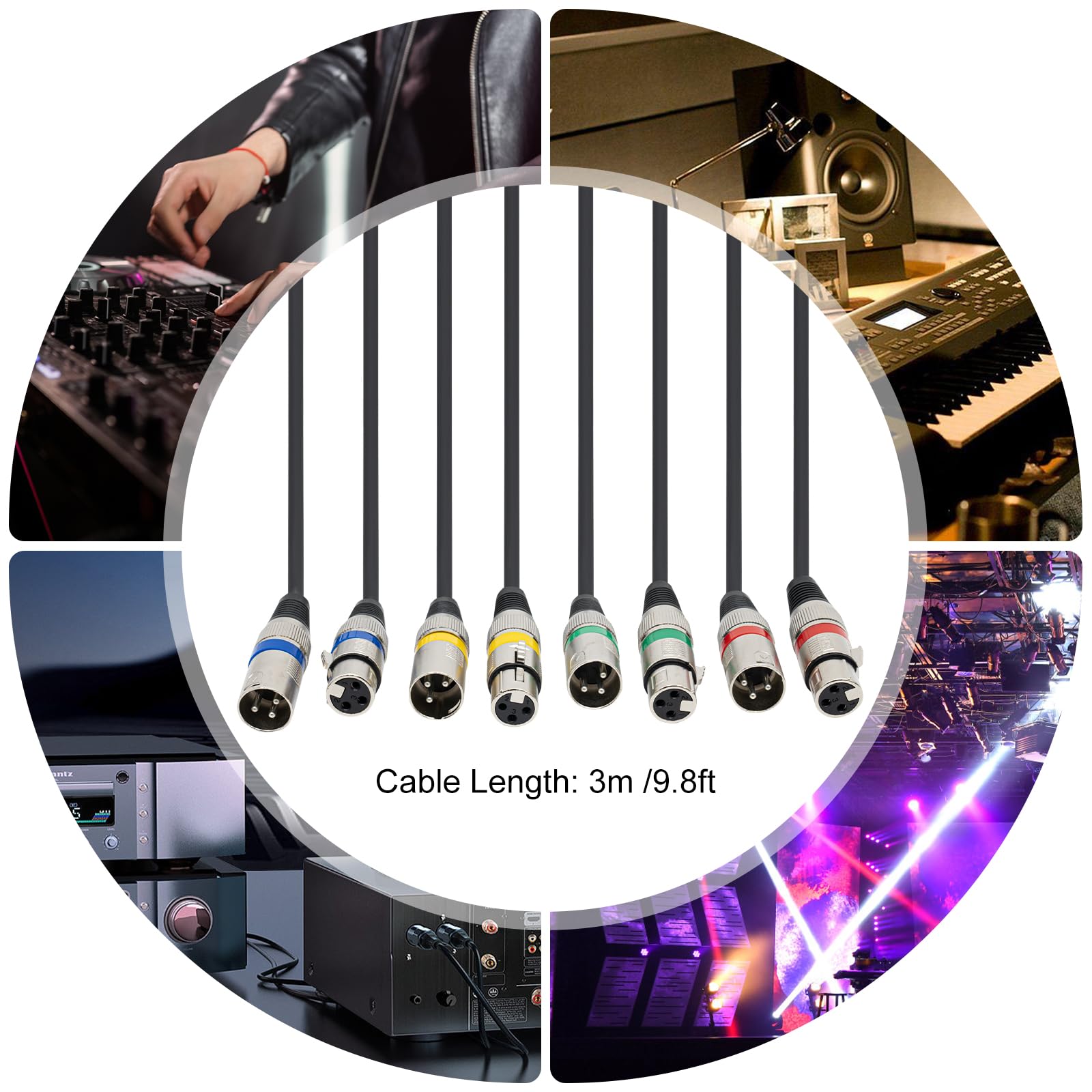 Zestaw 4 kabli Dmx 3 m, 3 piny, XLR, 3-biegunowy kabel połączeniowy Dmx, kabel sygnałowy Dmx, przyłącze sygnałowe, armata do sterowania światłem DMX, reflektor sceniczny, kolor czarny