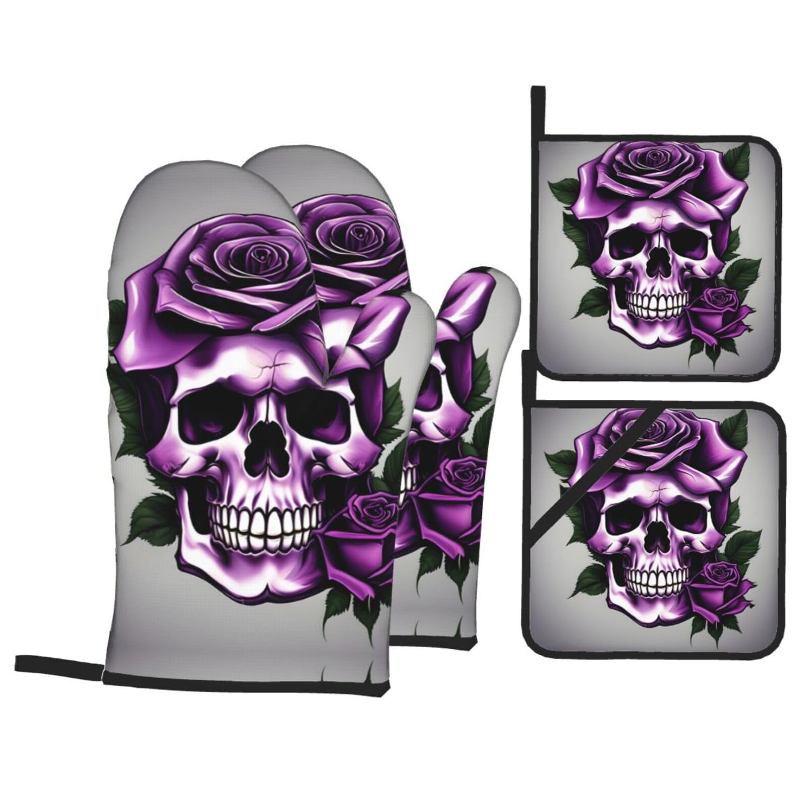 Purple Rose Skull Print Oven Microwaving Waterproof Kitchen Gloves for Baking Grilling Holiday Cooking