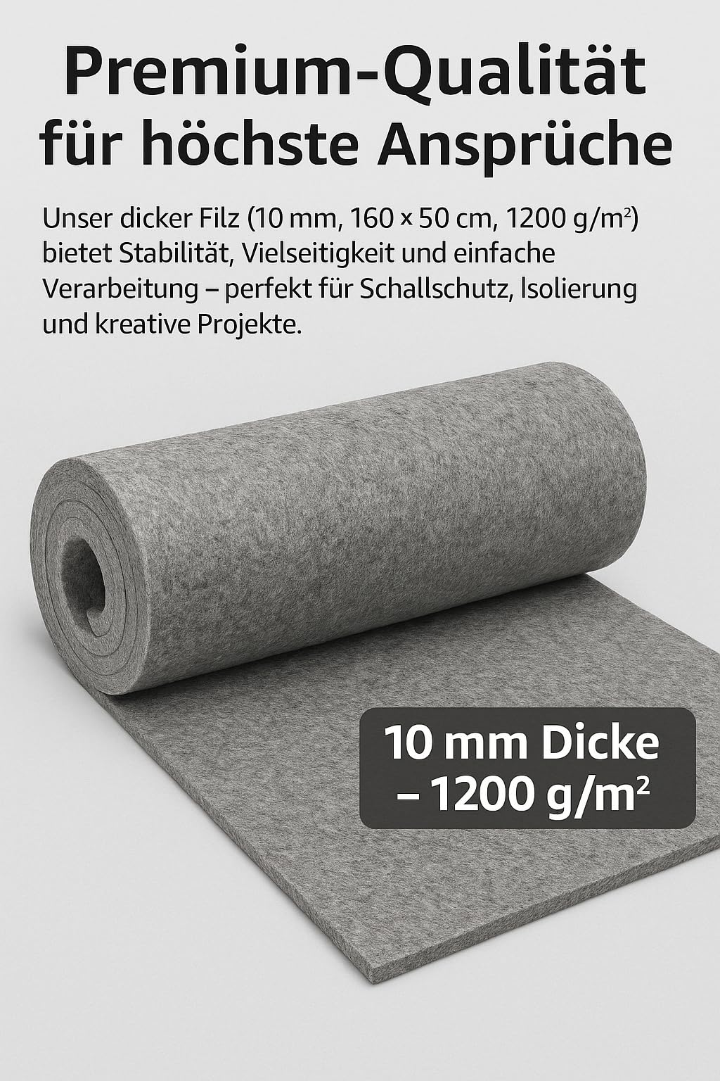 Filzmatte 10 mm - Filz Meterware 160x50 cm - extra dicht aus Polyester Filz 1200 g/m2 - Robuste Filzplatte für Schallschutz, Filzunterlage unter Maschinen, zuschneidbar, ideal für DIY, grau