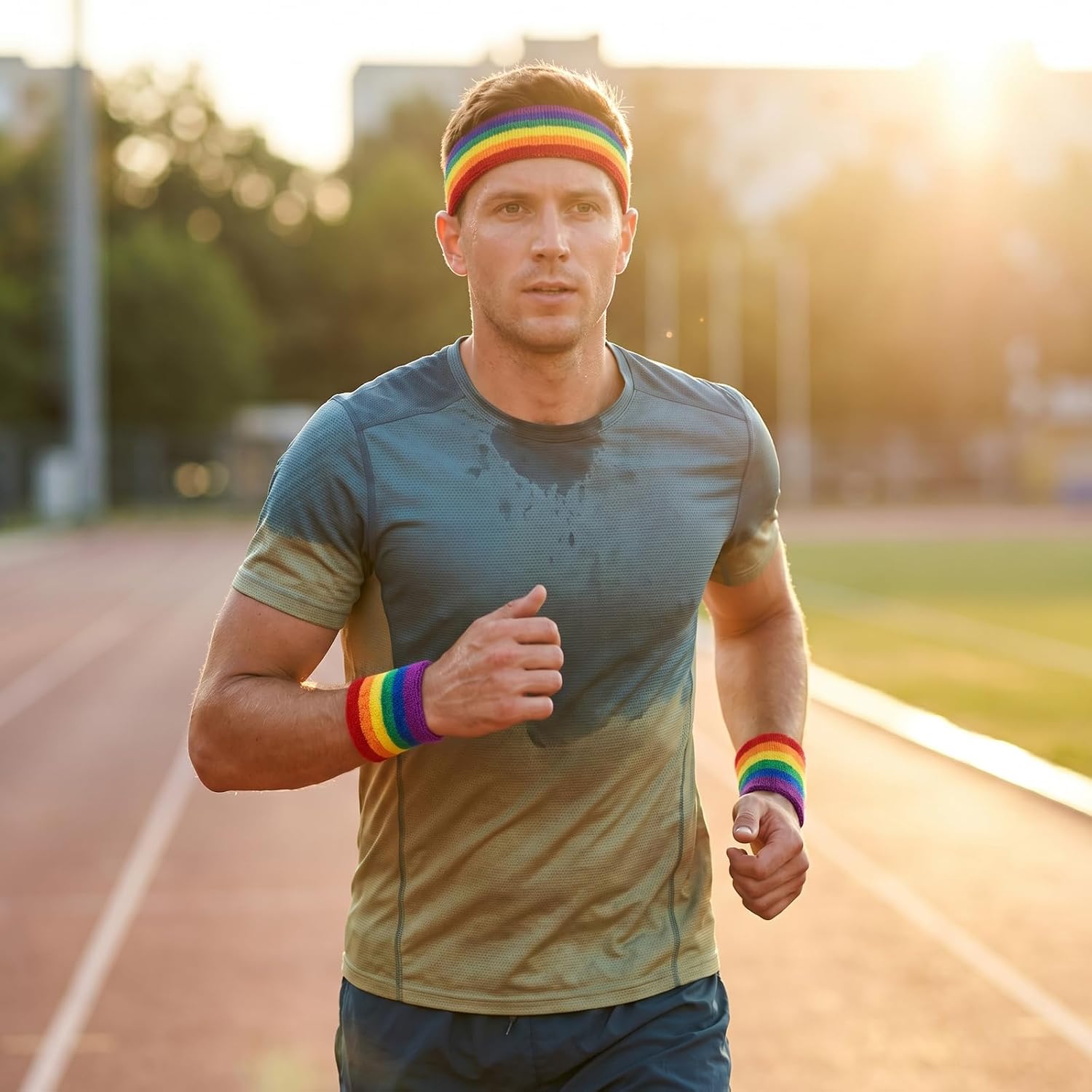 6 Pcs Sweatbands Set 80s 90s Sports Headband Striped Sweat Band Wristband Set for Men Women Sports Tennis Gym