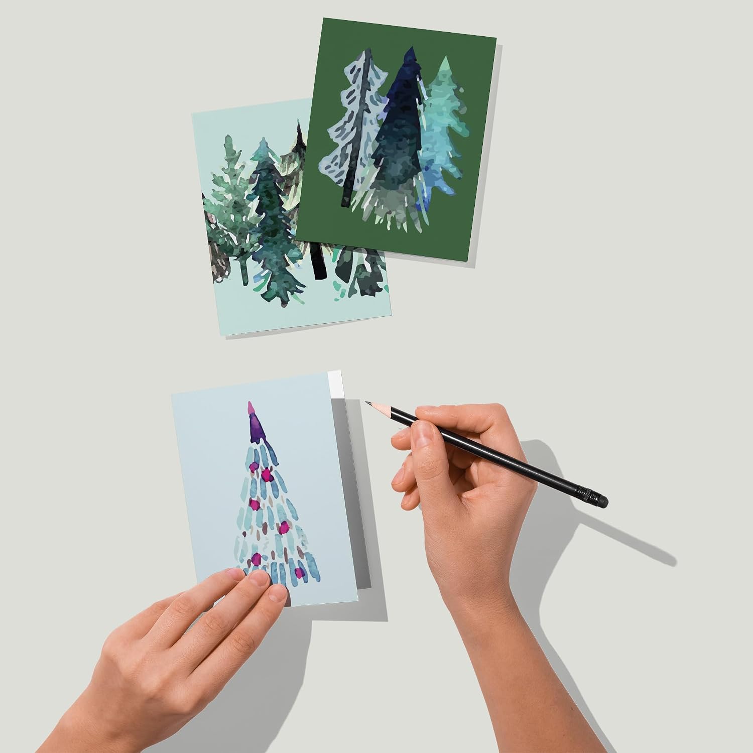 Ritzy Rose 24 Watercolor Christmas Tree Cards in 12 Modern Abstract Designs + Envelopes – Premium Quality Holiday Greeting Cards Set, 4x5.5 Blank Inside, Unique Art Prints for Christmas Card Exchanges