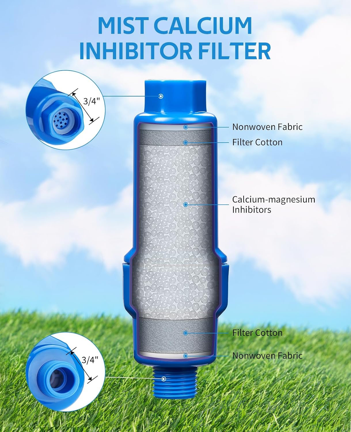 HOMENOTE Misting Cooling System, 98FT(30M) Pre-Assembled Kit with 27 Brass Nozzles & 3/4" Brass Adapter, 2 Pack Calcium Inhibitor Filter