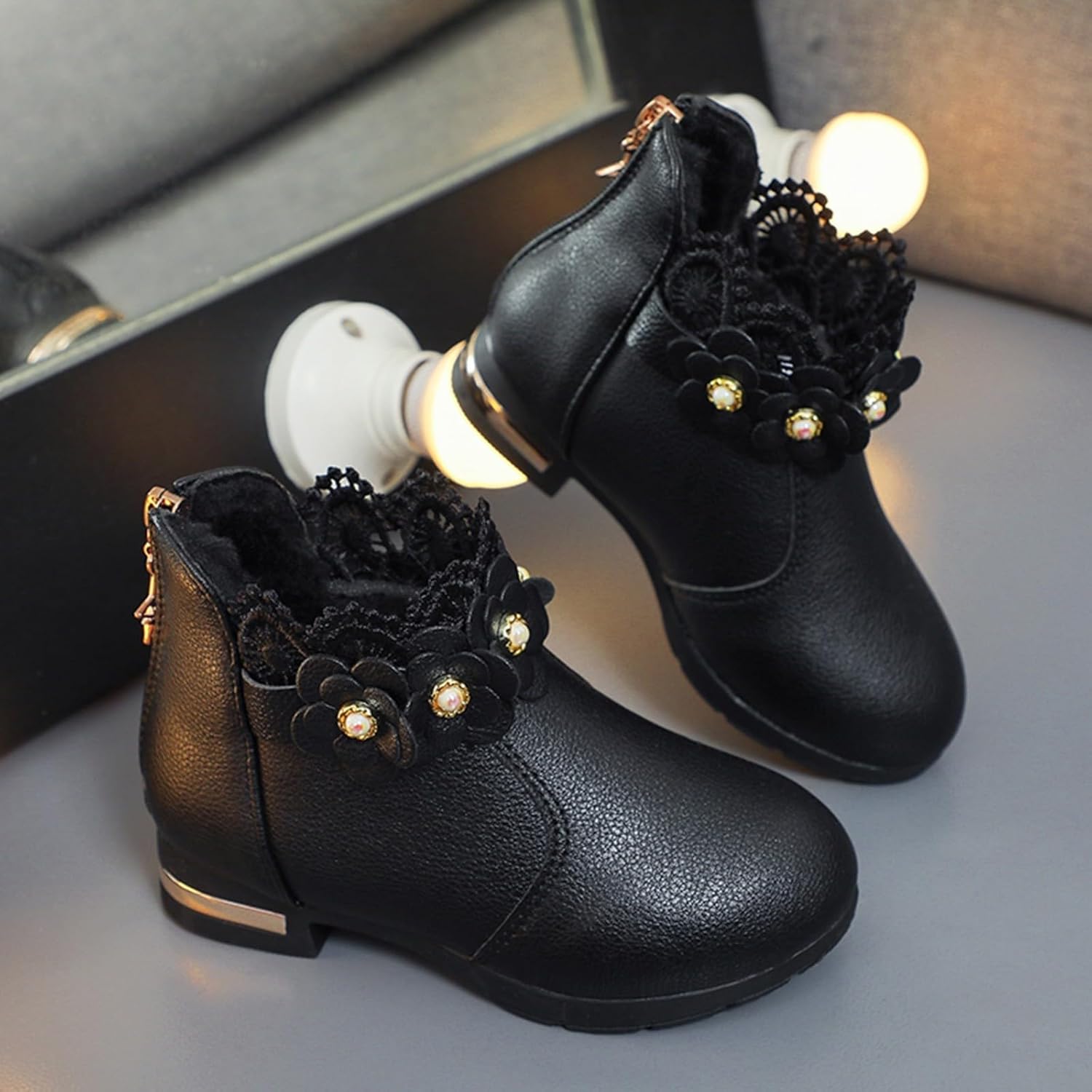 Kids Girls Fleece Lined Booties Lace Trim Flower Back Zip Princess Dress Shoes Winter Warm Stylish Ankle Boots