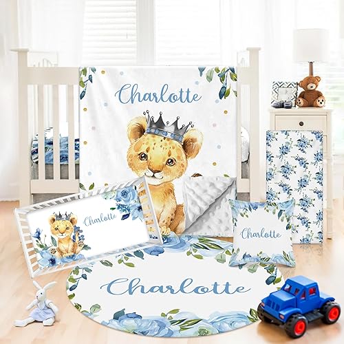 Juego de ropa de cama personalizado para cuna 5 piezas con temática de león para niñas y niños con nombre personalizado, juego de manta de doble
