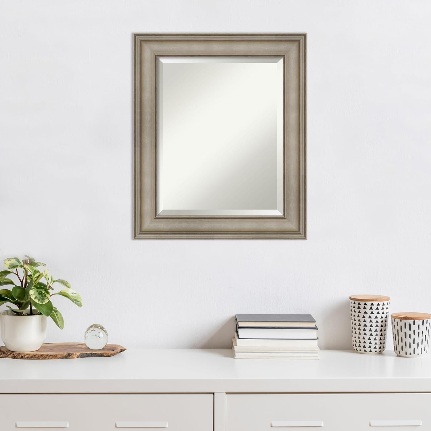 Amanti Art Silver Wall Mirror 25x21 Mezzanine Antique Silver Rectangle Bathroom Mirror for Wall Decor Living Room, Small Traditional Wood Frame, Hangs Horizonally and Vertically, Bathroom Decor,