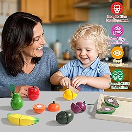 Fajiabao Wooden Play Food Set for Kids Kitchen Montessori Toddlers Toys 1-3 Pretend Cutting Fruit Educational Stocking Stuffers for Girls Boys 2 3 4 Year Old