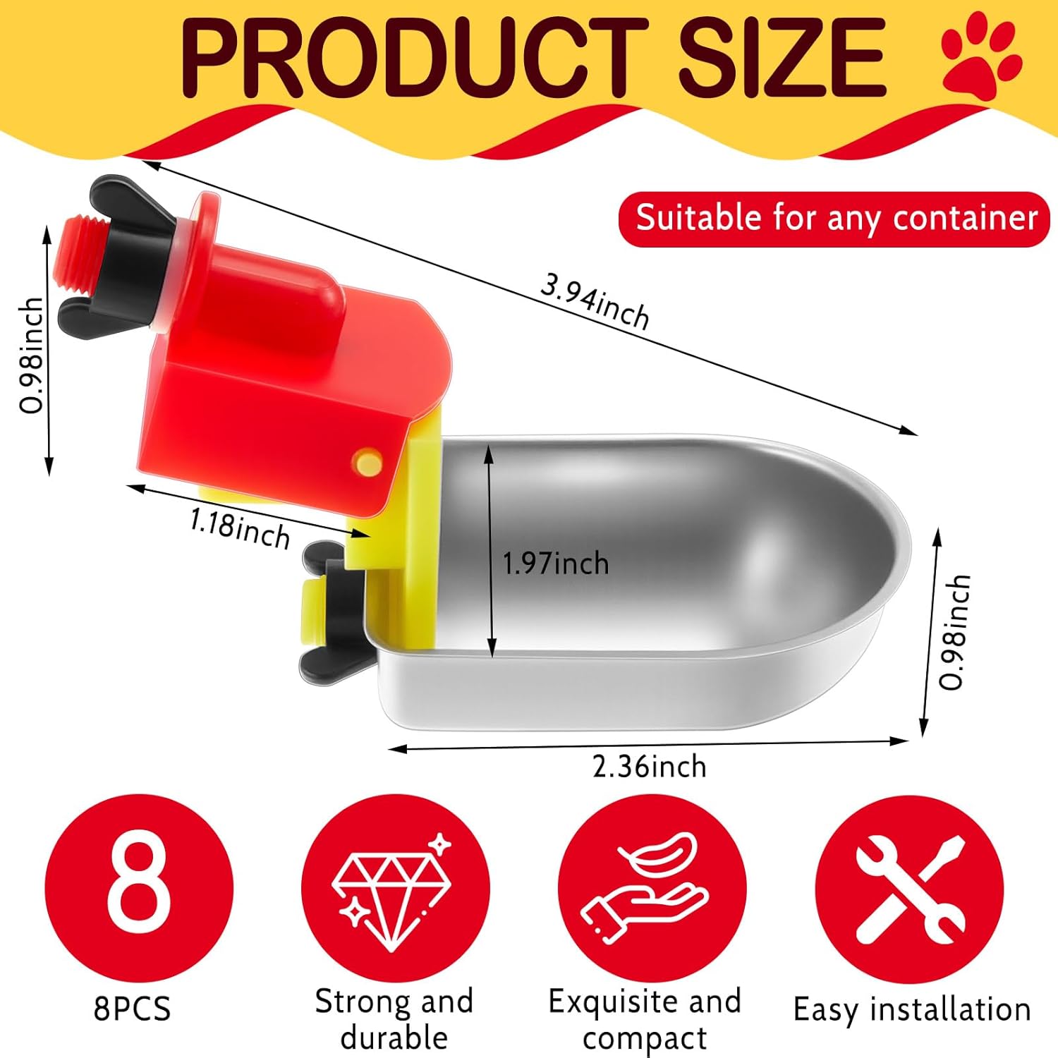 8 Pack Heavy Duty Auto Metal Chicken Waterer Cups, Stainless Steel Freeze Leak Proof Poultry Rabbit Watering System Fits 5 Gallon Bucket and 3/8'' Hole Saw