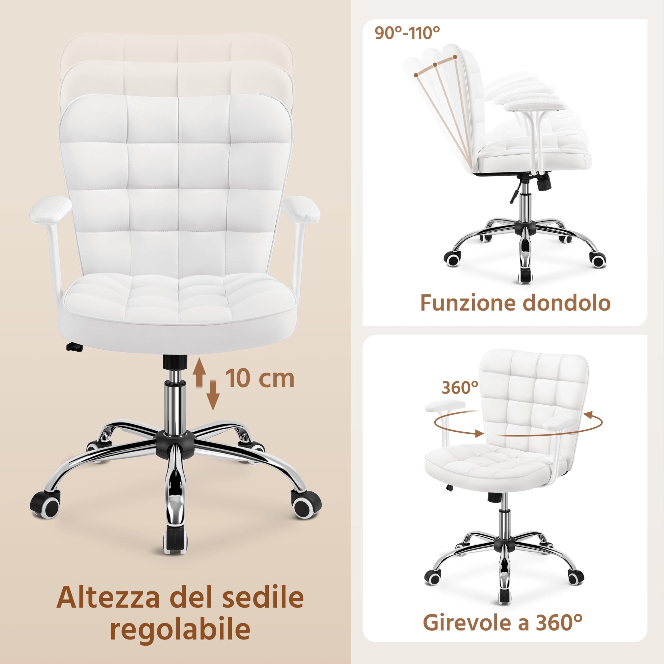 Yaheetech Sedia Ufficio Scrivania Cameretta in Finta Pelle con Braccioli | Altezza Regolabile, Funzione Dondolo, Girevole a 360°, Portata 136 KG, Bianco