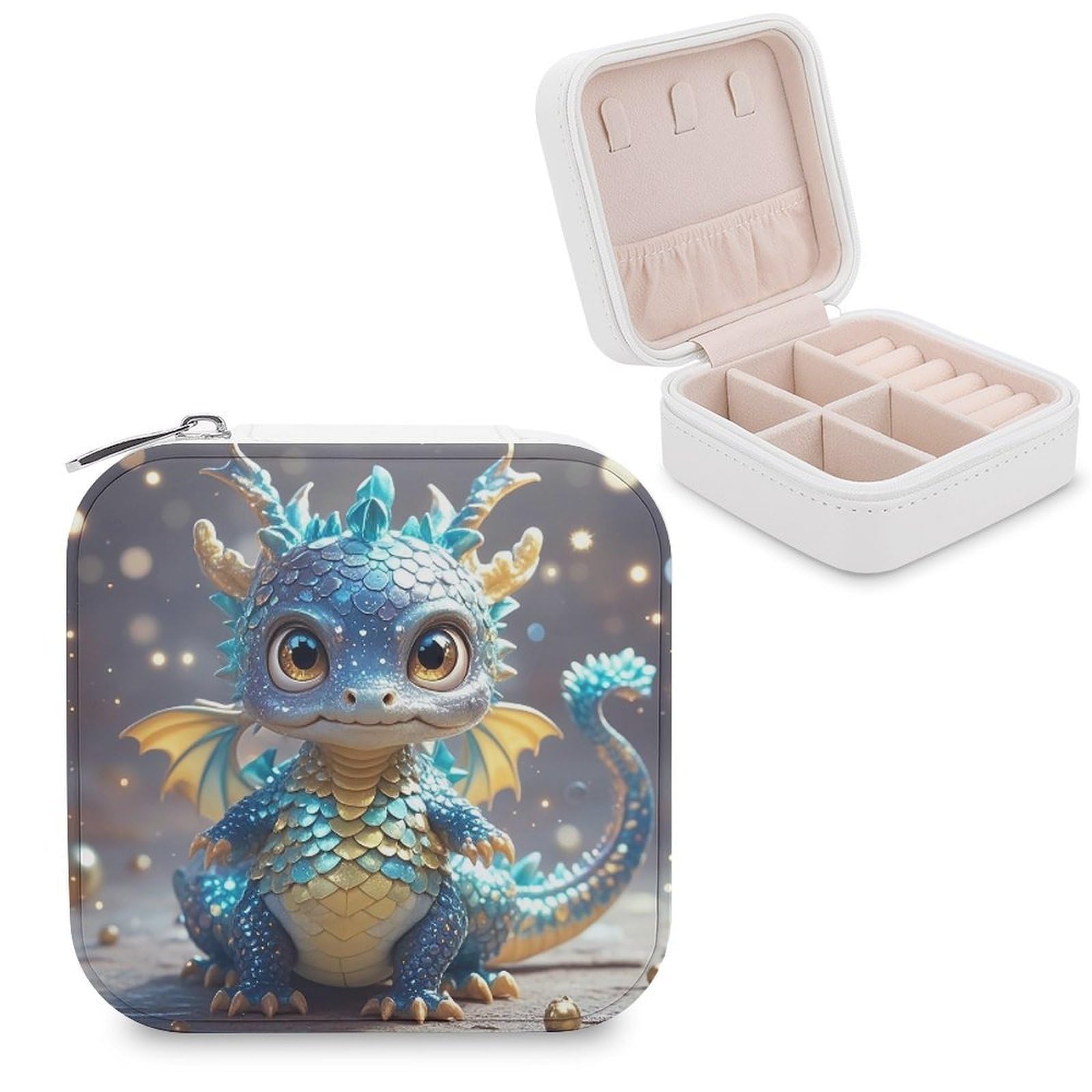 VstaDank Cute Dragon Travel Jewelry Case Zipper Portable Small Jewelry Box Custom Pu Leather Mini Traveling Jewelry Organizer for Rings Earrings Necklace Bracelet Girls Women