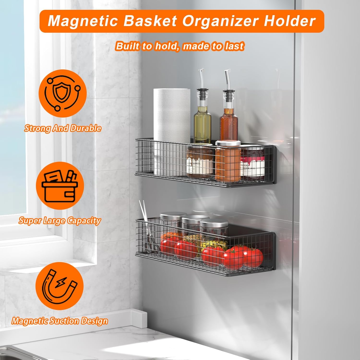 2Pack Magnetic Basket Organizer Holder for Fridge Magnetic Storage Bin Box Containers for Refrigerator Whiteboard Classroom - Image 3