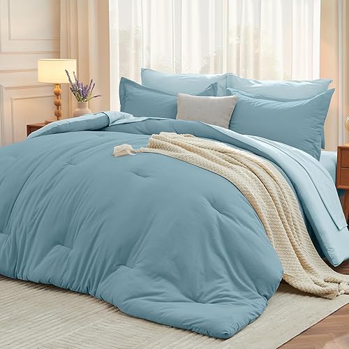 Miniatura 43 de MUXHOMO - Juego de cama de 7 piezas en bolsa para todas las estaciones, incluye edredón, sábana encimera, sábana bajera, fundas de almohada y fundas