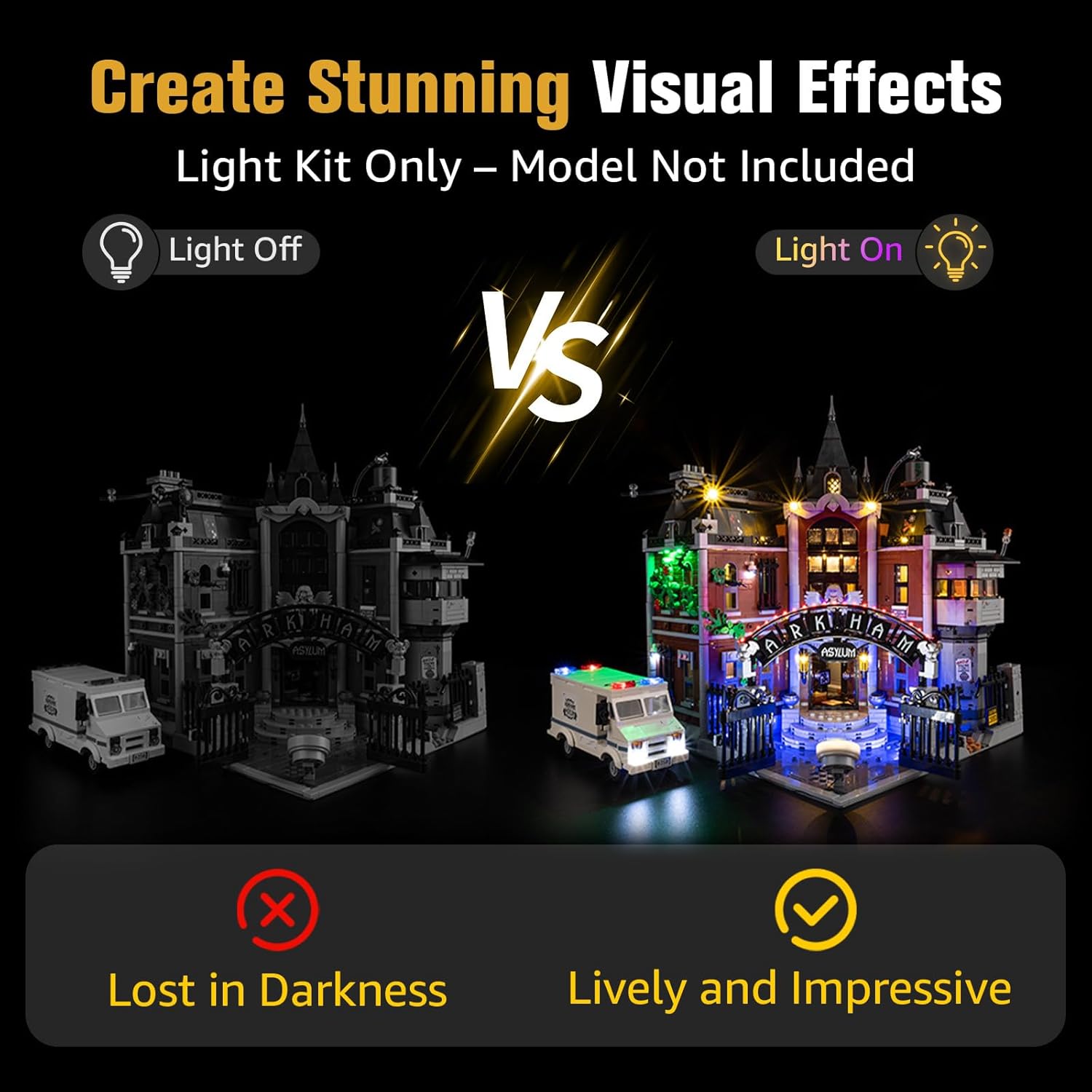 Comparison image of the Lego Arkham Asylum model with lights off (lost in darkness) versus lights on (lively and impressive).