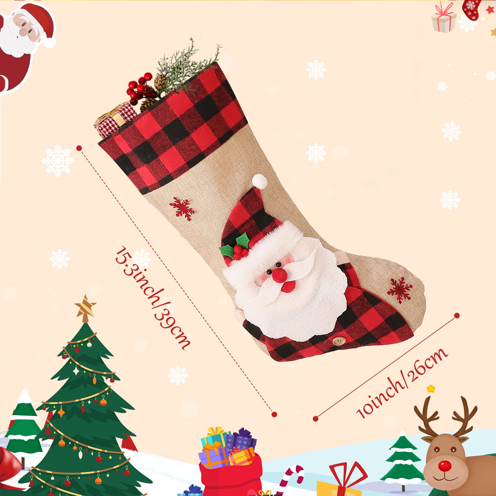 Personalisierte Weihnachtsstrümpfe Jute Große Weihnachtsstrümpfe 6Pack Rot und Schwarz Büffel Plaid Bulk für Weihnachtsbaum Dekorationen