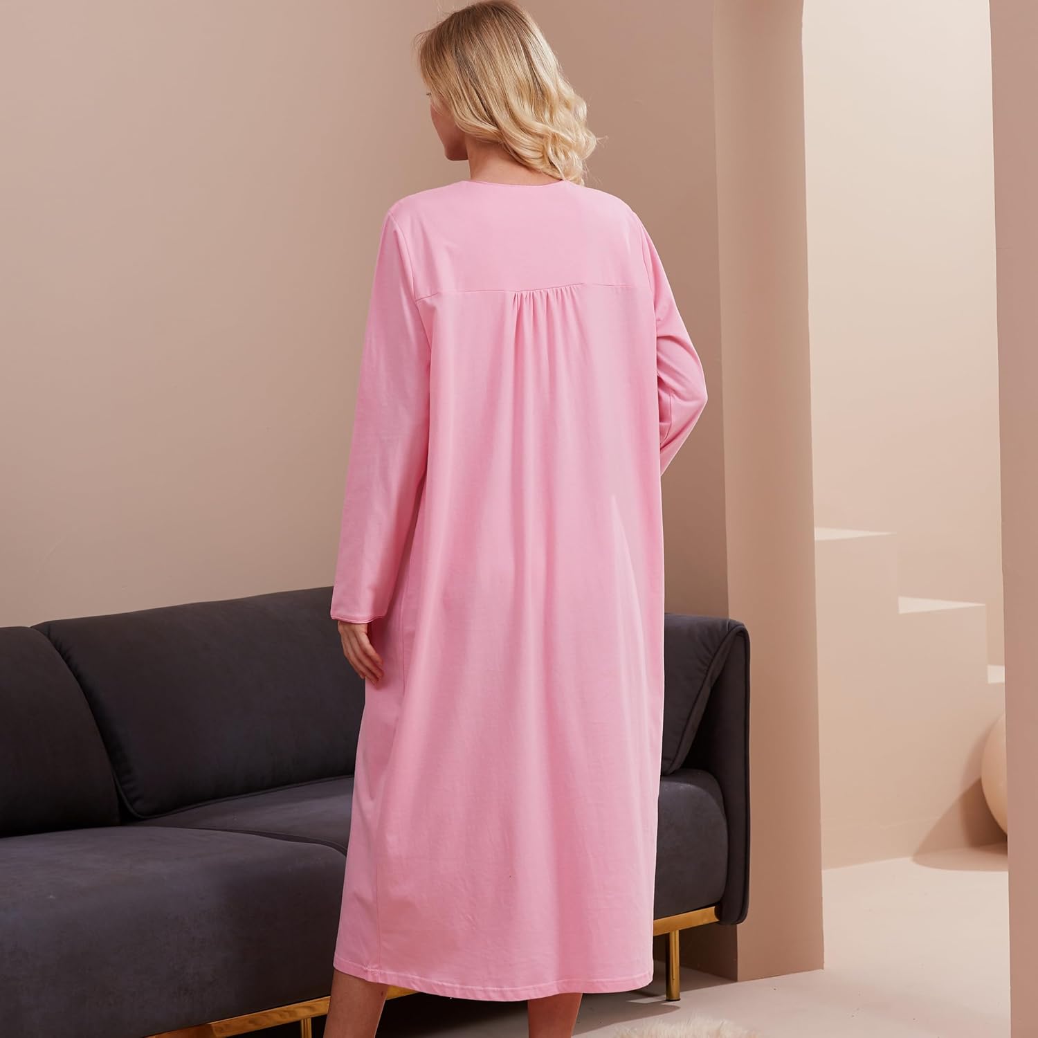 Keyocean Nightgowns for Women, Soft Cotton Comfy Lightweight Embroidered Long-sleeve Nightdress - Image 7