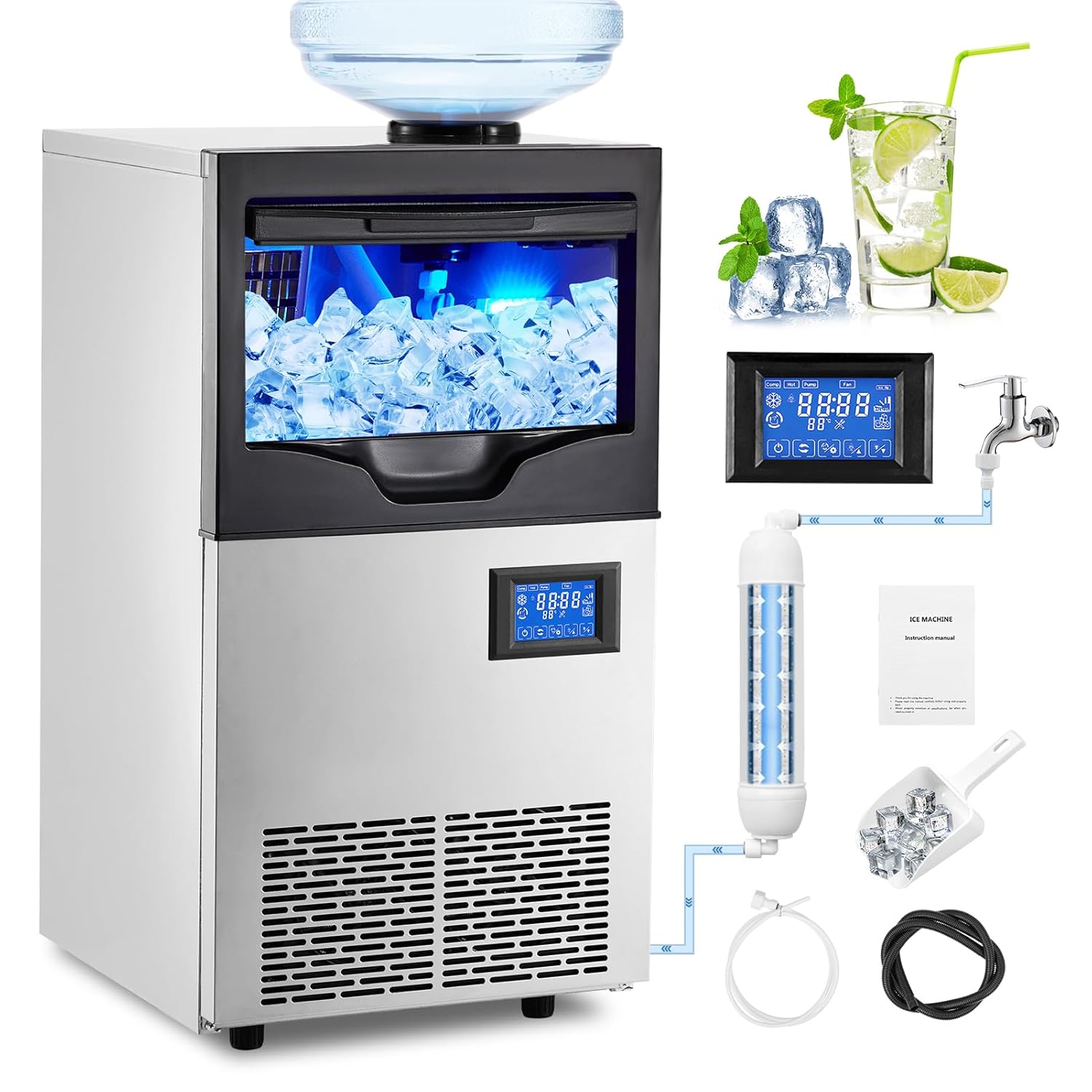Commercial Ice Maker Machine, Ice Maker120Lbs/24H with 2 Water Inlet Modes and 30Lbs Bin, Stainless Steel Under Counter/Freestanding Ice Machine for Home/Shop/Office/Bar