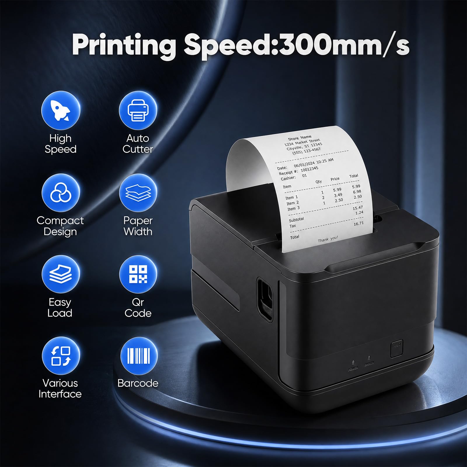 Bondrucker 80mm, 300mm/s Thermobondrucker mit USB Serial LAN Port Thermo Belegdrucker Quittungsdrucker mit Auto Cutter Kassenschublade Minidrucker Unterstützt ESC/POS für Windows/Mac/Linux