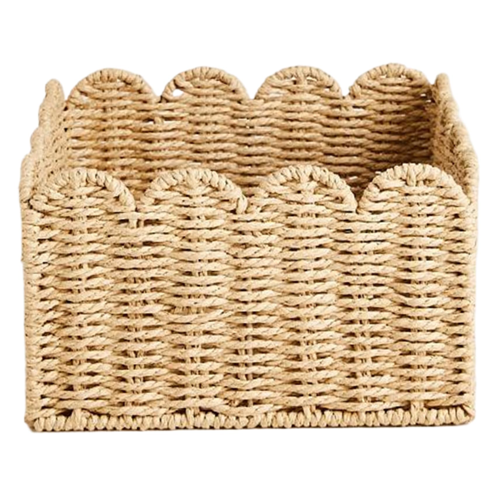 Tsawntd Scalloped Basket, 9.1x9.1x5.5 Inch Woven Rattan Basket, Stylish Scallop, Portable Rattan Storage for Living Room, Kitchen, Bathroom Scallop Storage
