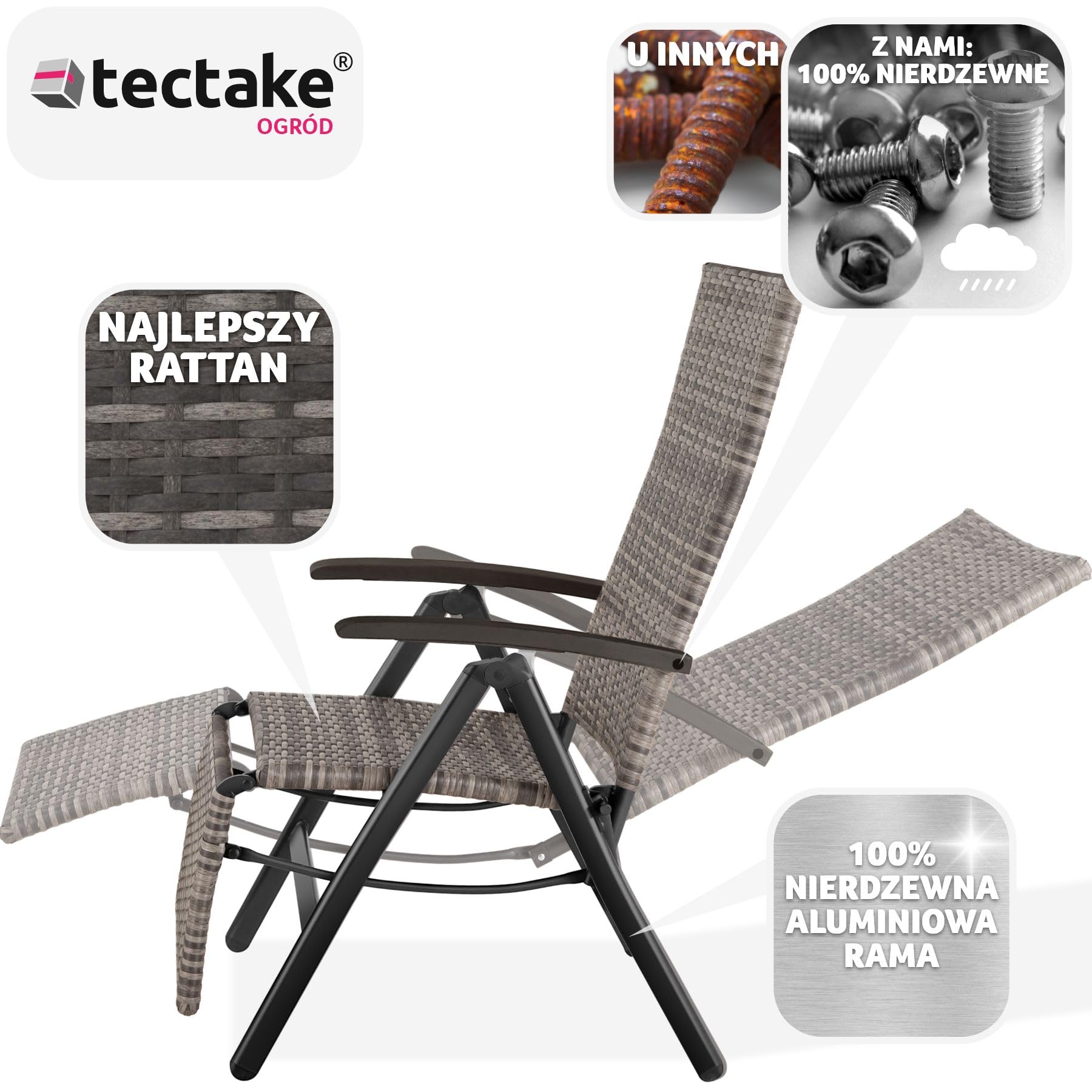 tectake®, Składany Fotel Ogrodowy, Rattanowe Krzesło Relaksacyjne, Regulacja Oparcia, Podnóżek, Plecionka UV, Aluminium, Antypoślizgowe Nóżki, Leżak Plażowy, Balkonowy, Na Taras (Szary)