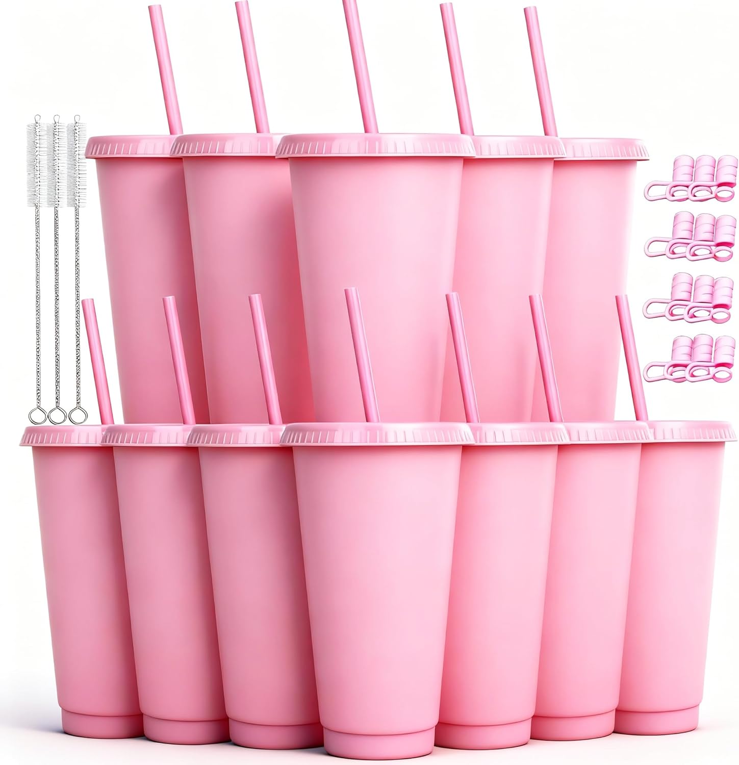 12 Pack Plastic Cups with lids and Straws Reusable 24 oz Tumbler Iced Coffee Cup Travel Mug Custom Cups for Party, Mean Girls Party Favors Bulk Gifts for Adults (12, Pink)