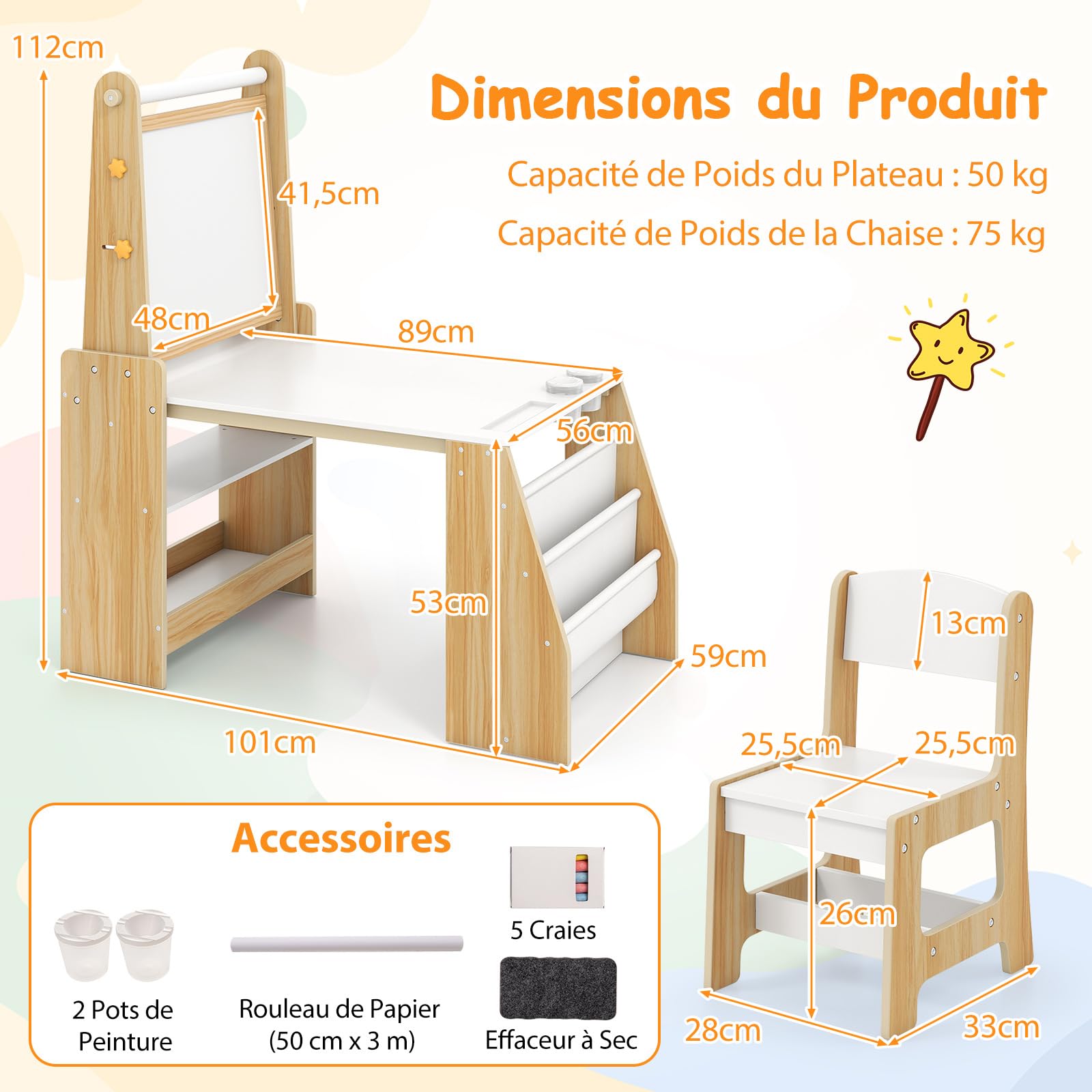 COSTWAY Table Enfant avec Chaise & Tableau Noir & Tableau Blanc, Table à Dessin avec 2 Étagères Ouvertes & Bibliothèque, Rouleau de Papier, Bureau Enfant avec Rangement, Chevalet pour 3 Ans+ (Naturel)