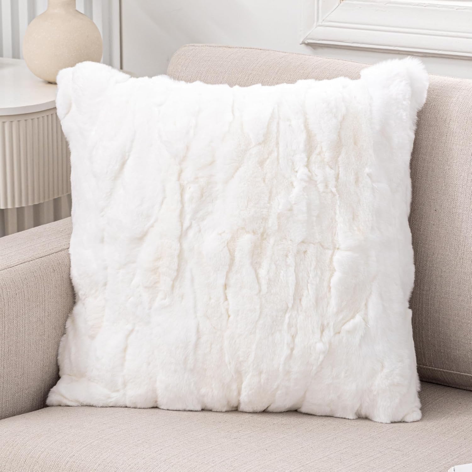 Rex Rabbit Fur Throw Pillow Covers Soft Decorative Fluffy Luxury Animal Skin Fur Lumbar Pillow Cushion Cover Case with Hidden Zipper for Sofa, Bedroom, Living Room Home White, 20x20 Inch
