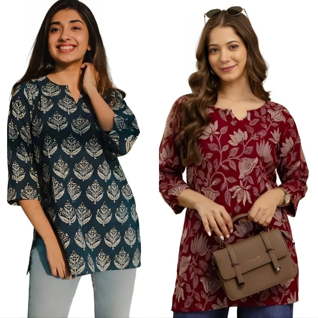 ms vhck enterprise Women's Cotton Printed Short Kurti, Round Neck, Three Quarter Sleeve, Straight Fit, Pack of 2-picture-38