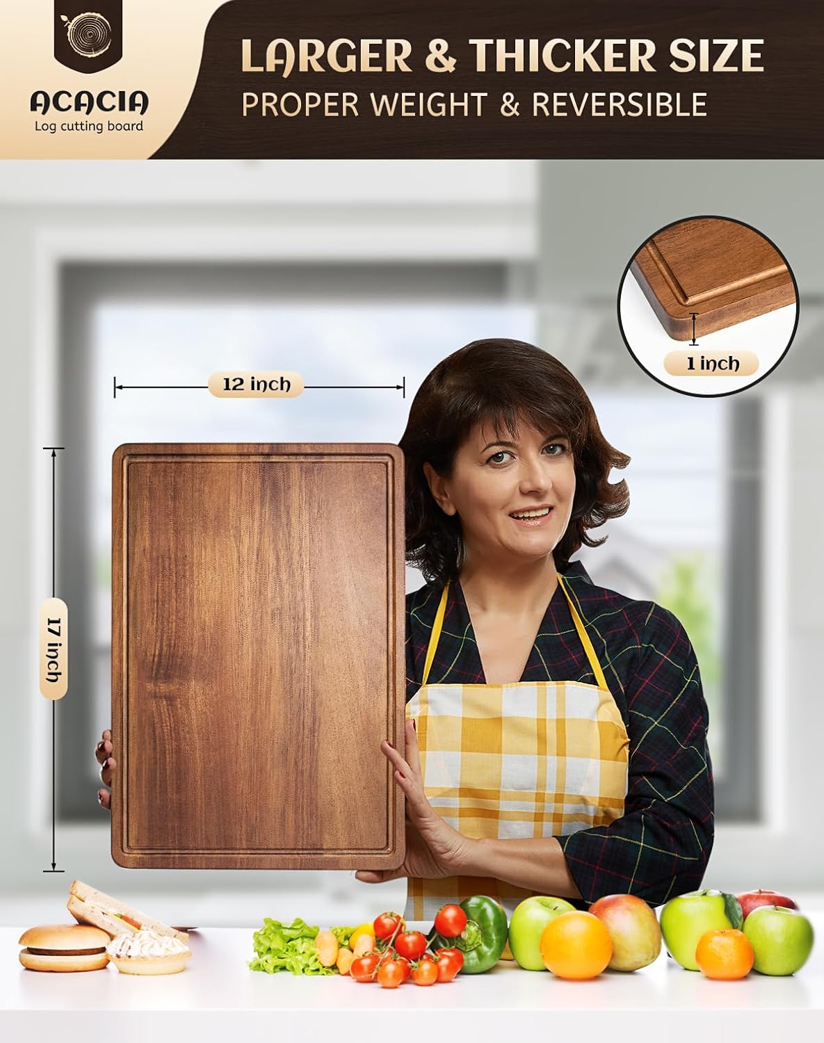 Large Acacia Wood Cutting Board for Kitchen, 17x12 Inch Reversible Wooden Chopping Board Charcuterie Board with Juice Grooves and Handle for Meat, Cheese, Vegetables, Fruits, Bread