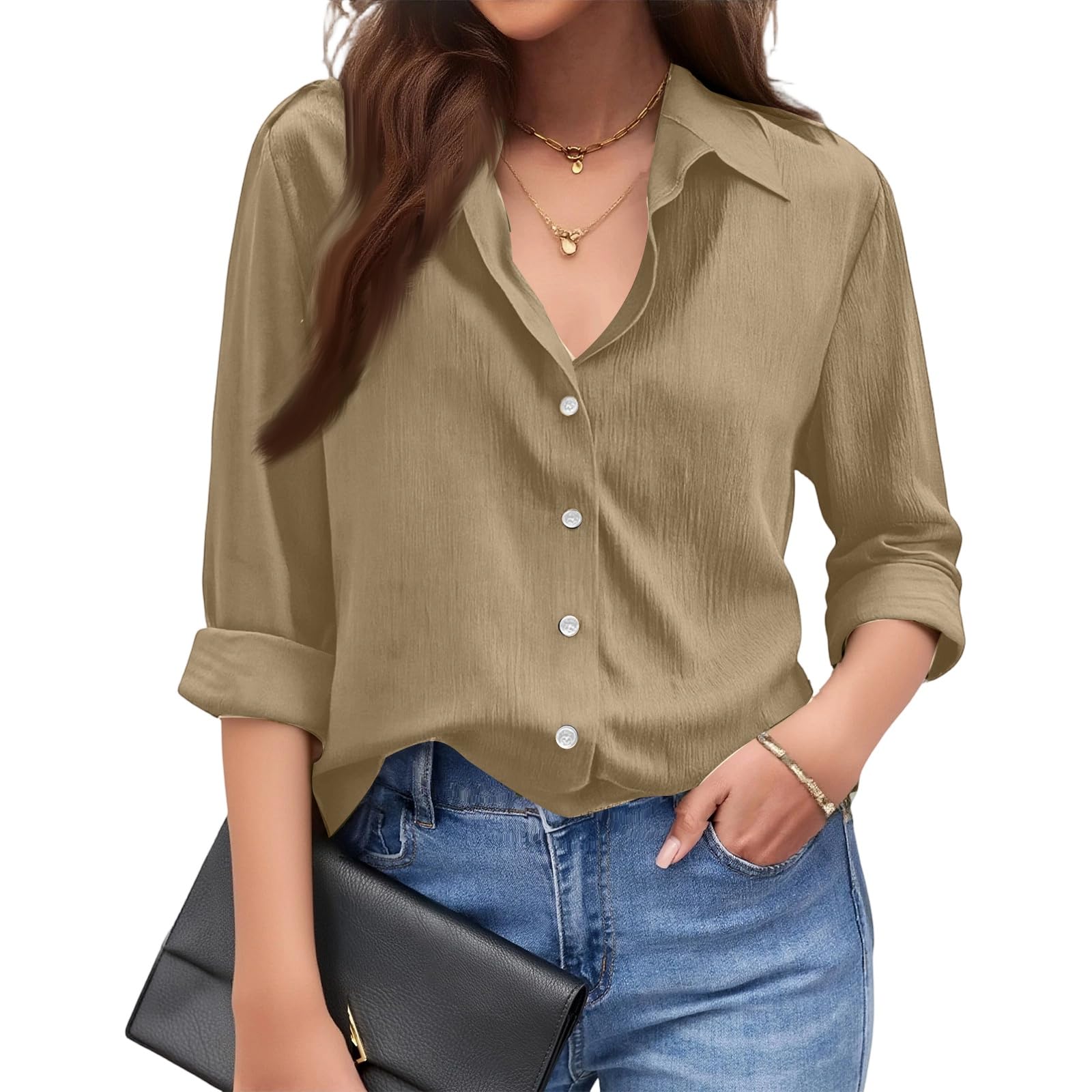 Linen Shirt for Women Summer 2026 Collar Long Sleeve Shirts Lightweight Gauze Top Casual Button Down Dress Blouses