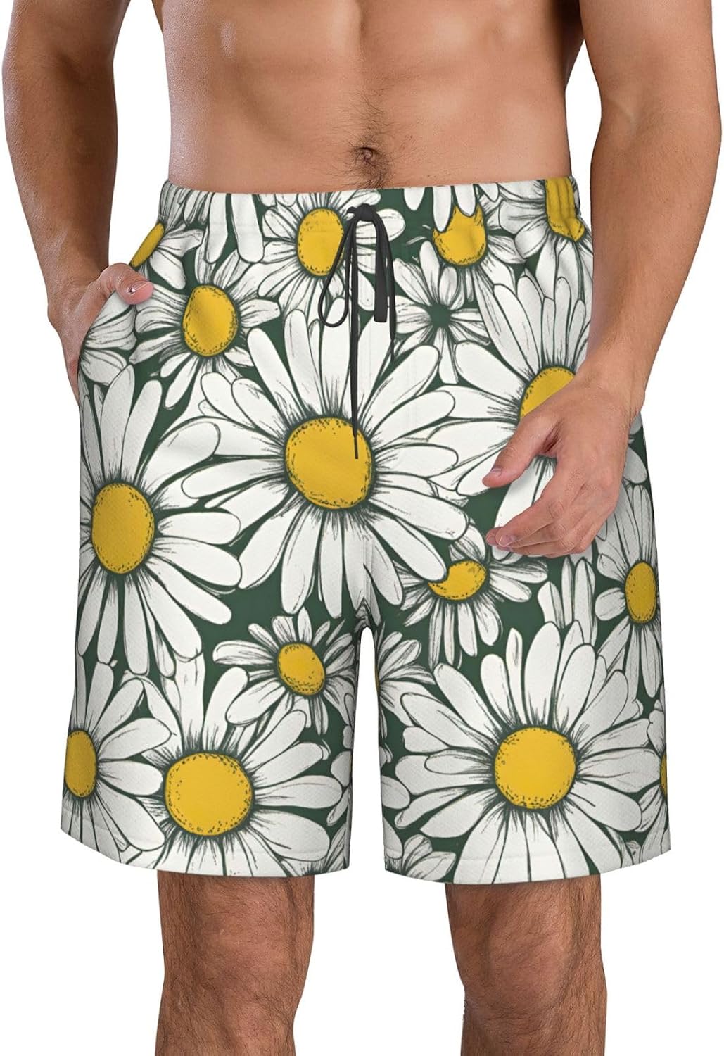 Mens White Daisy Print Beach Shorts,Casual Summer Shorts for Men,Quick Dry Polyester