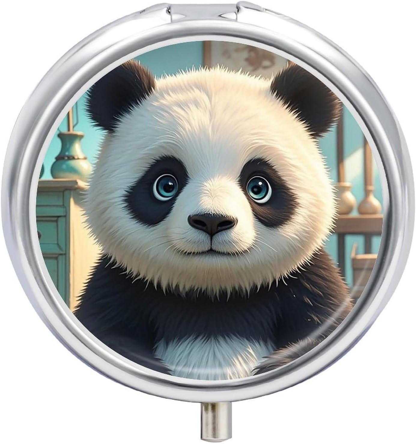 Anime Panda Face Pill Organizer 3 Compartment Travel Pillbox with Mirror Daily Medicine Pill Case Metal Pill Box for Purse & Pocket Portable Small Medicine Box Round Vitamin Case Container