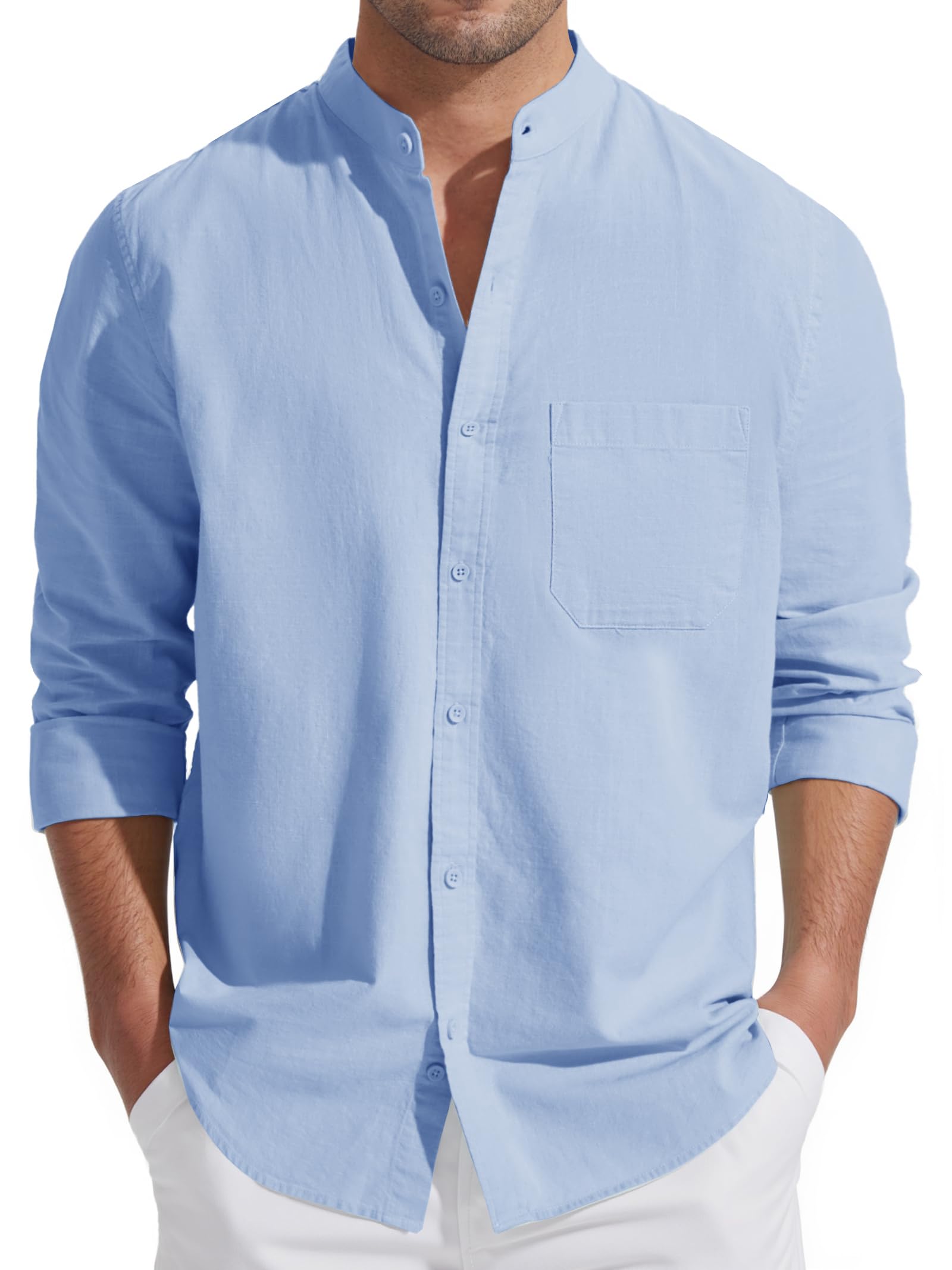 Friptspyg Herren Leinen Hemden Langarm Baumwolle Leinenhemd Stehkragen Sommer Hemd Regular Fit Freizeithemden Strand Hemden mit Tasche