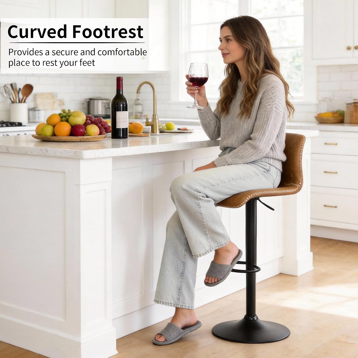 HeuGah Bar Stools Set of 4, Swivel Counter Height Barstools with Back, Adjustable Height 24" to 32", Whiskey Brown Faux Leather Bar Chairs for Kitchen Island (Whiskey Brown, Set of 4 (24'' to 32''))