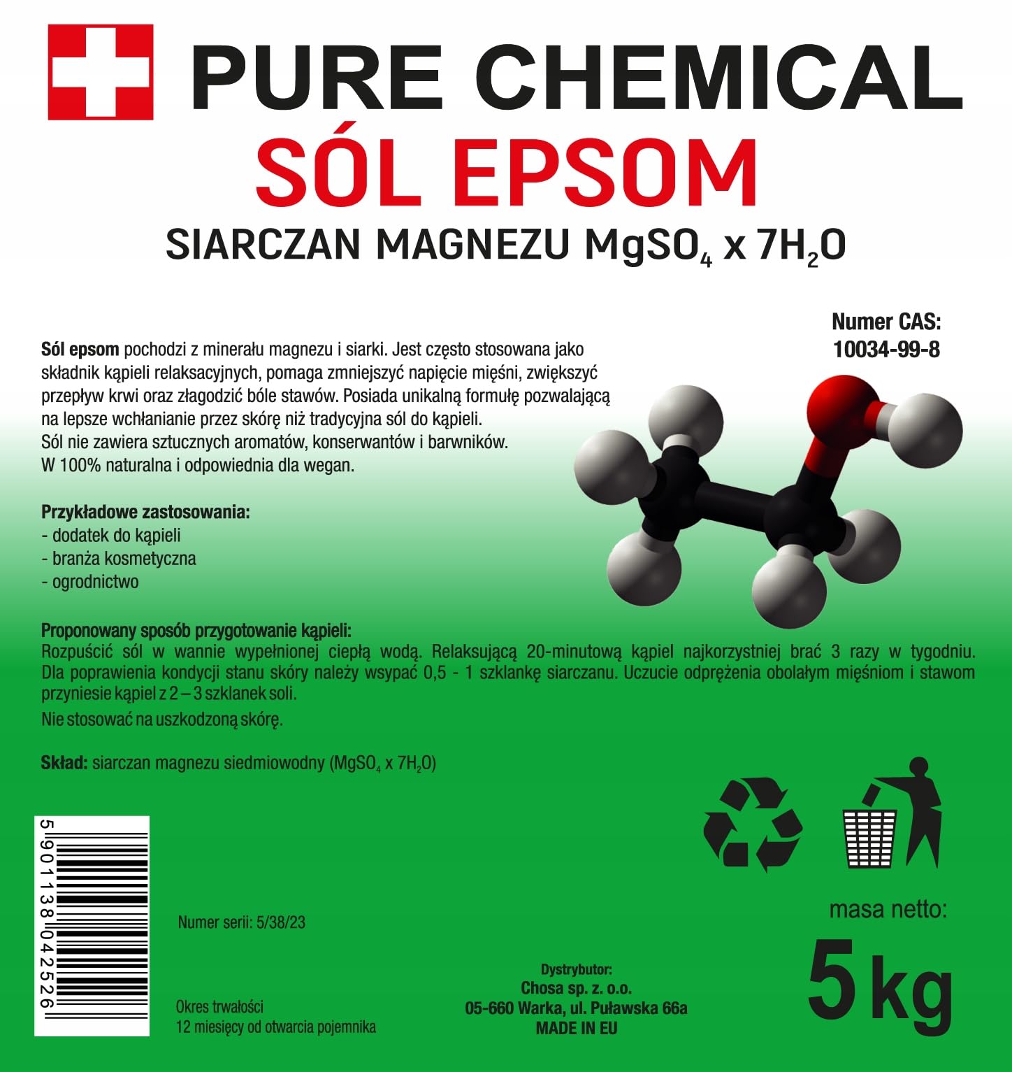 CHOSA Sale di Epsom 5kg - Solfato di Magnesio Naturale per Relax, Corpo e SPA - Cristalli Purissimi per Benessere - Sali per Bagni - Pelle Liscia - Rilassamento Muscolare