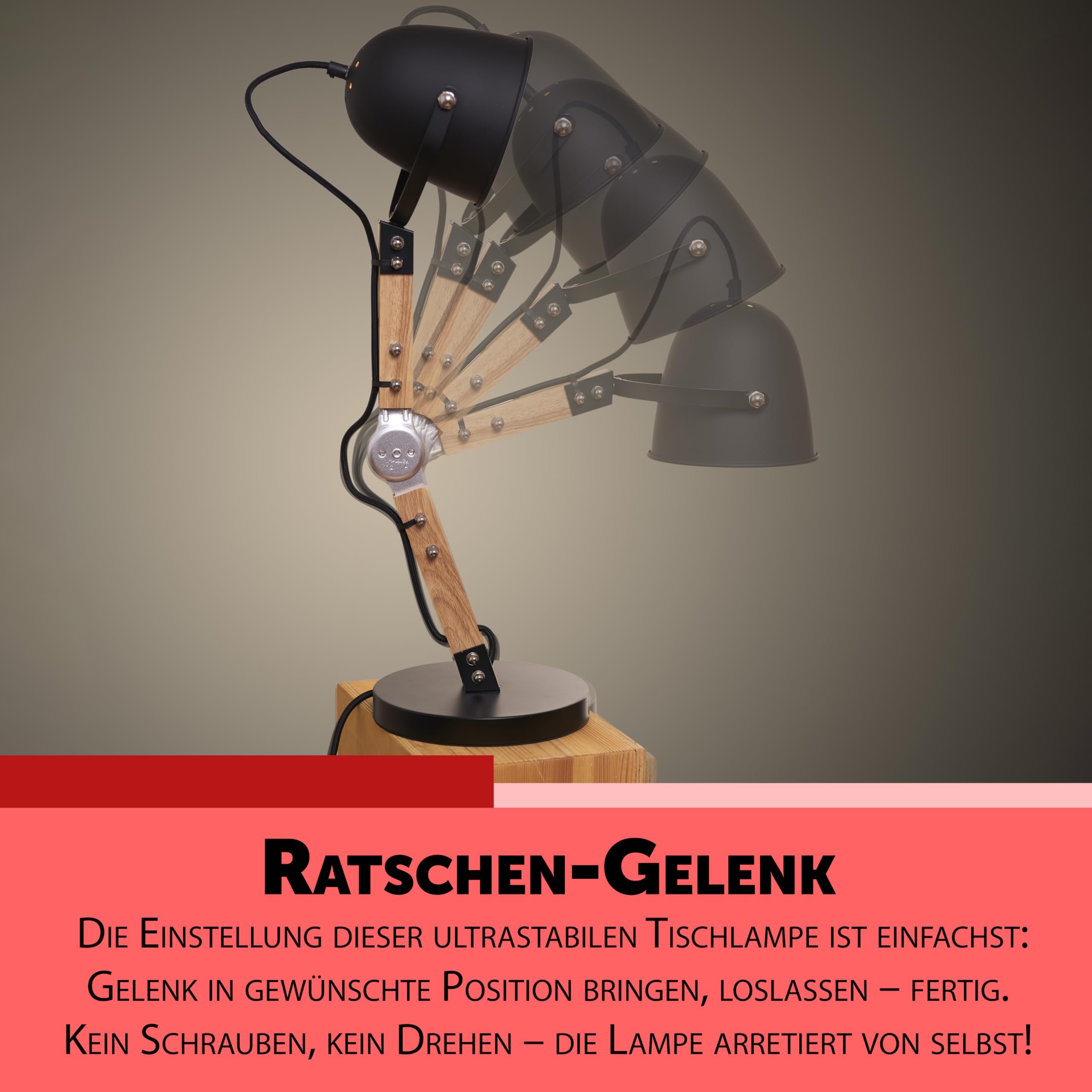Opis TL1 : Vintage Style Tischlampe als klassische Nachttischlampe oder Industrial Retro Schreibtischlampe aus massiven Holz und Metall-teilen in Schwarz