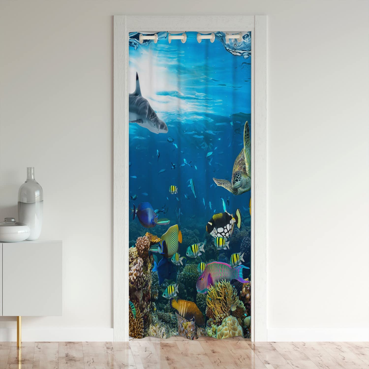 Ocean Sea Turtle Doorway Curtain Privacy Insulated Thermal Curtains for Bedroom Mat Marine Shark Fish Decor Soft Door Cover Curtain Room Hawaiian Ocean 30%-50% Blackout Curtain 86x203cm 1 Panel