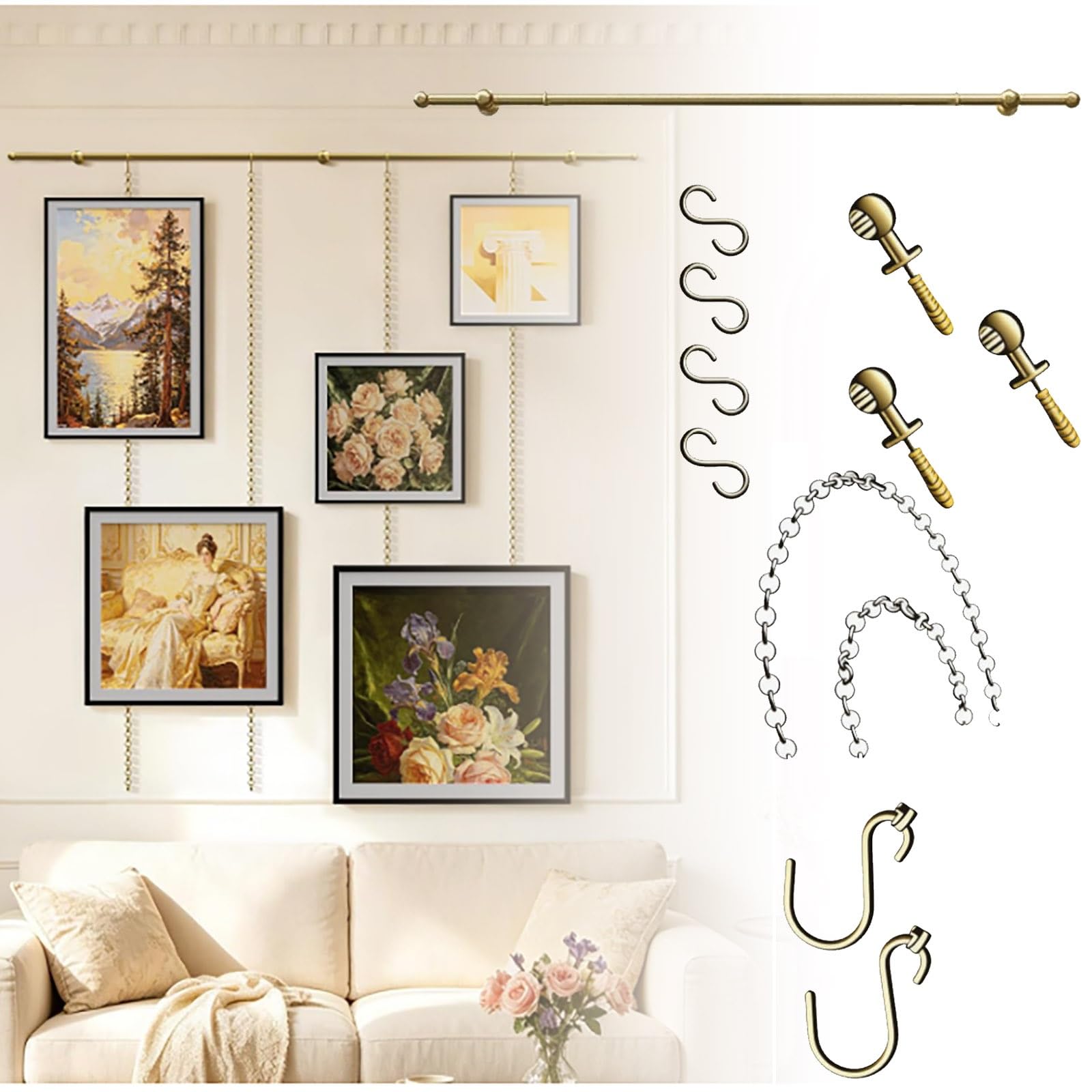 Aenmezen Hollow Brass Rod with Decorative Hanging Chain for Gallery Art Display, Brass S-Hooks for Frames Adjustable Height, Complete Hardware Set for Picture(0.9m(35.4") Rod)