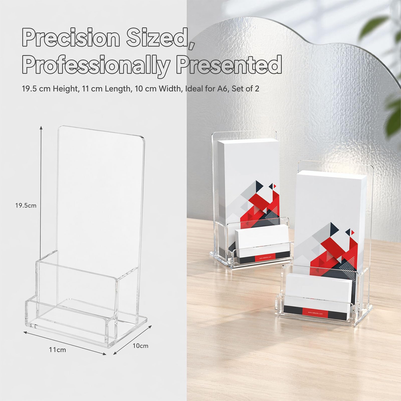 2 Pack Expositor para Folletos A6 de Metacrilato Transparente Soporte Inclinado con Porta Tarjetas de Visita Organizador de Flyers Publicidad Base Antivuelco Estable para Mesa Mostrador Negocio | Acrílico transparente con ranura para tarjetas de visita, 3