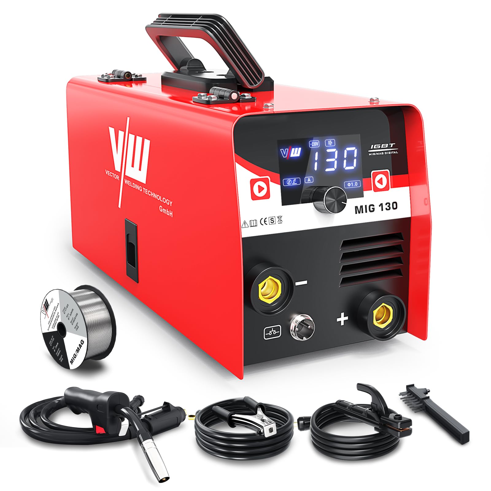 VECTOR WELDING Gas Free Wire Welder 130A, Gas Free Mig Welding Machine with Electrode Welding Function, Portable Mig Mag Welding Group with Wire, IGBT