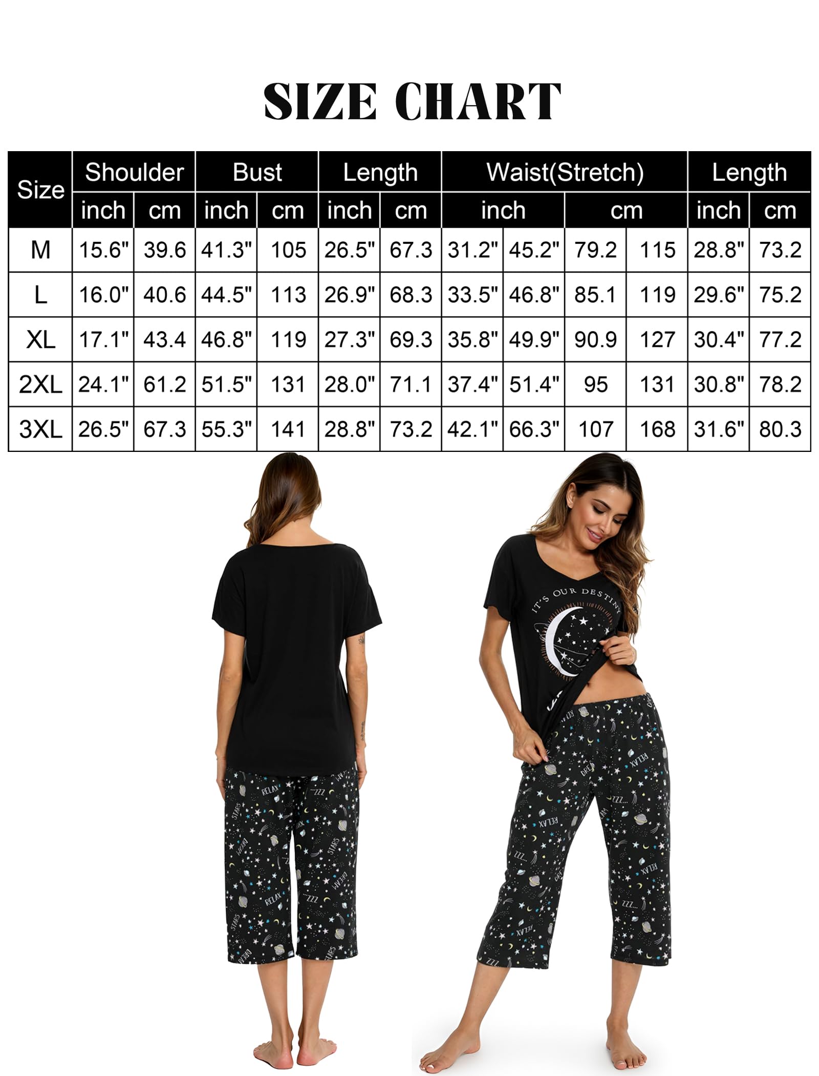 Schlafanzug Damen Zweiteiliger Pyjama Sommer Nachtwäsche Kurz Baumwolle Hausanzug Capri Sleepwear Oberteil und 3/4 Hose S-XXL