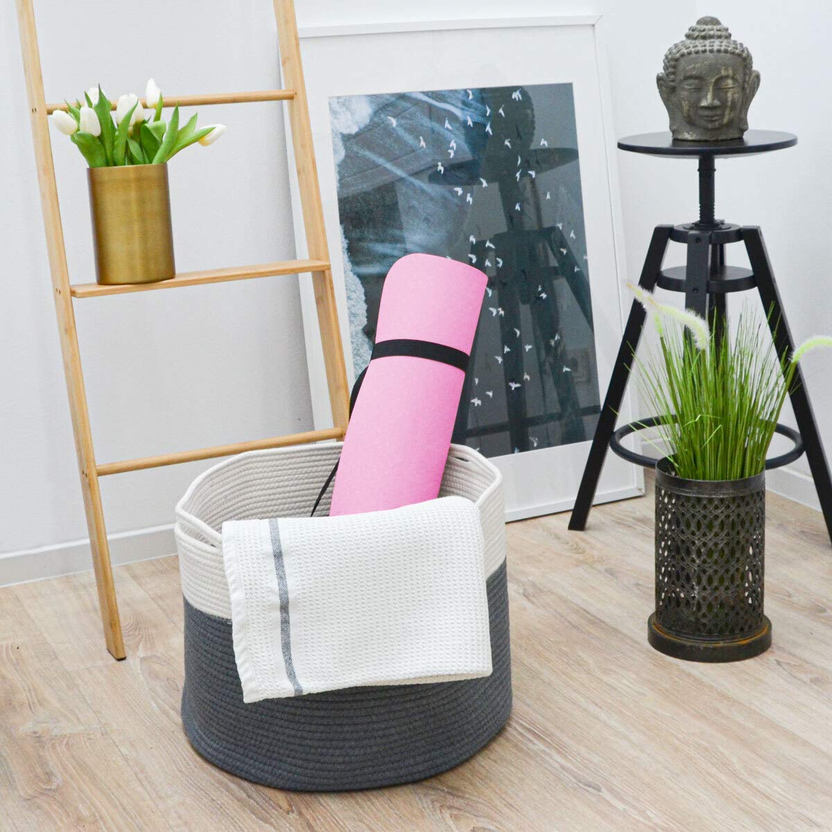 DuneDesign 3er Set Wäschekorb Geflochten - 20-45l Baumwoll Korb Aufbewahrung - Wäschesammler Kinder Korb Wickelkommode Baby Wäschekorb Wickeltisch - Aufbewahrungskorb Spielzeug Deko Körbe Geflochten