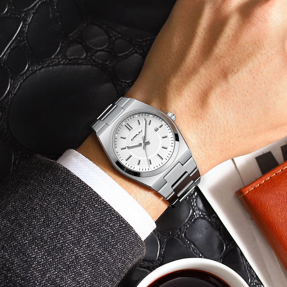 CRRJU Watches for Men,Fashion Luxury Luminous Analog Quartz Wristwatches,Business Man Calendar Watches Silver — view 2