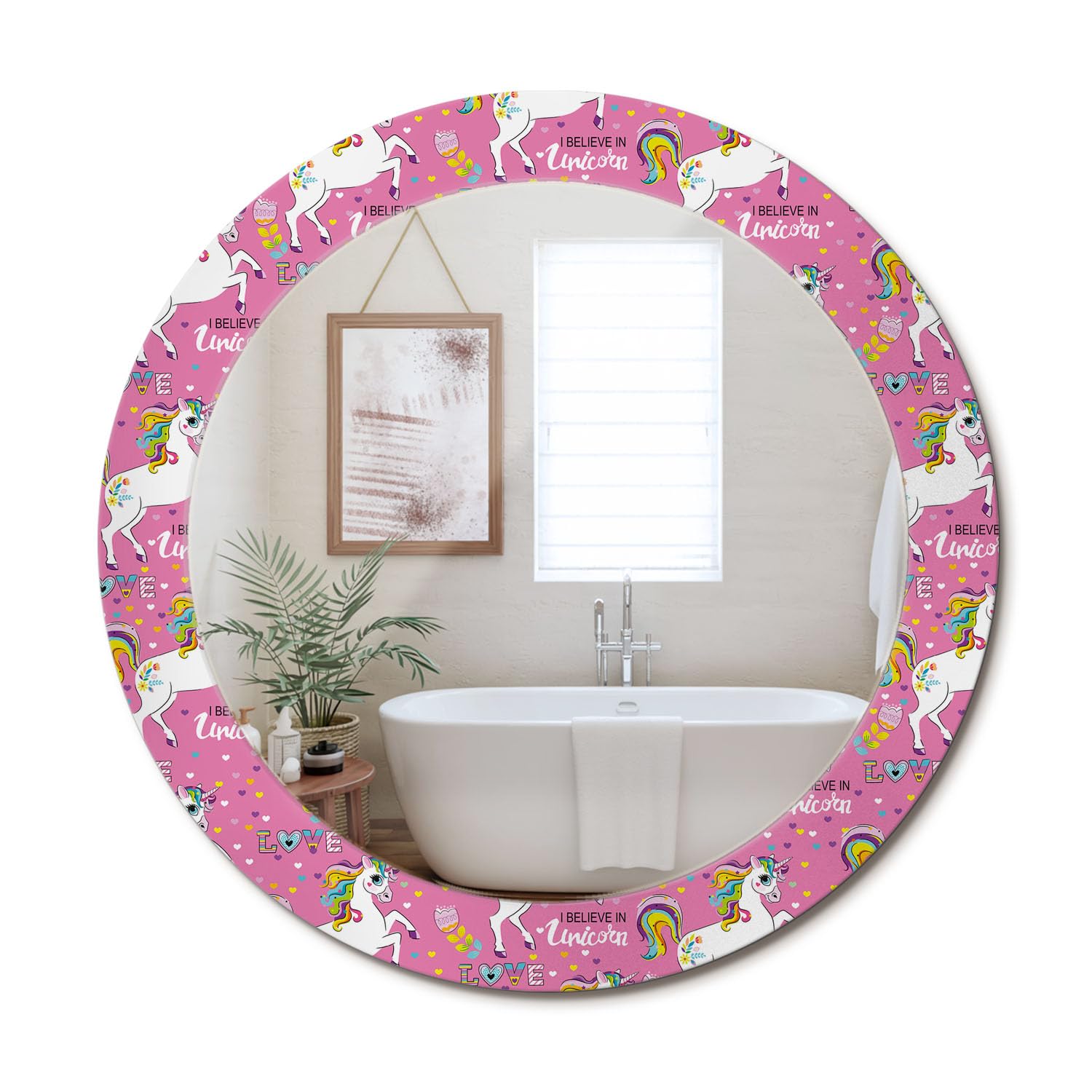 Miroir rond fi70 Licorne Magique avec cadre en verre imprimé pour une déco murale originale