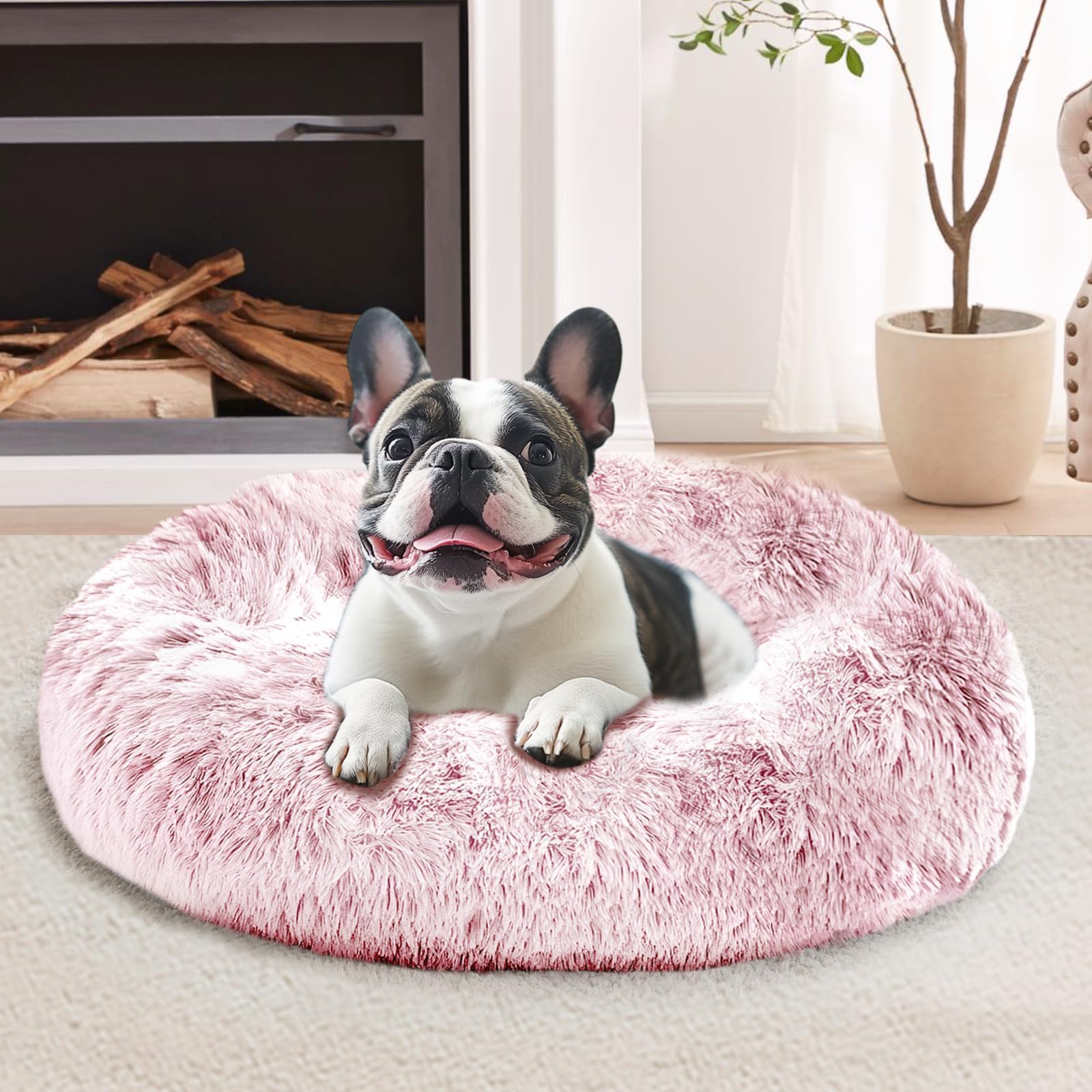 JOLLYVOGUE Calming Dog Bed for Small Dogs - 23 inches Donut Washable Small Dog Bed for Kittens & Puppies, Anti-Slip Round Fluffy Plush Faux Fur Cat