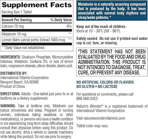 Miniatura 7 de Nature's Wonder Melatonina sin medicamentos de 10 mg con tabletas de bálsamo de limón para la salud del sueño de los adultos, ayuda para dormir 100%
