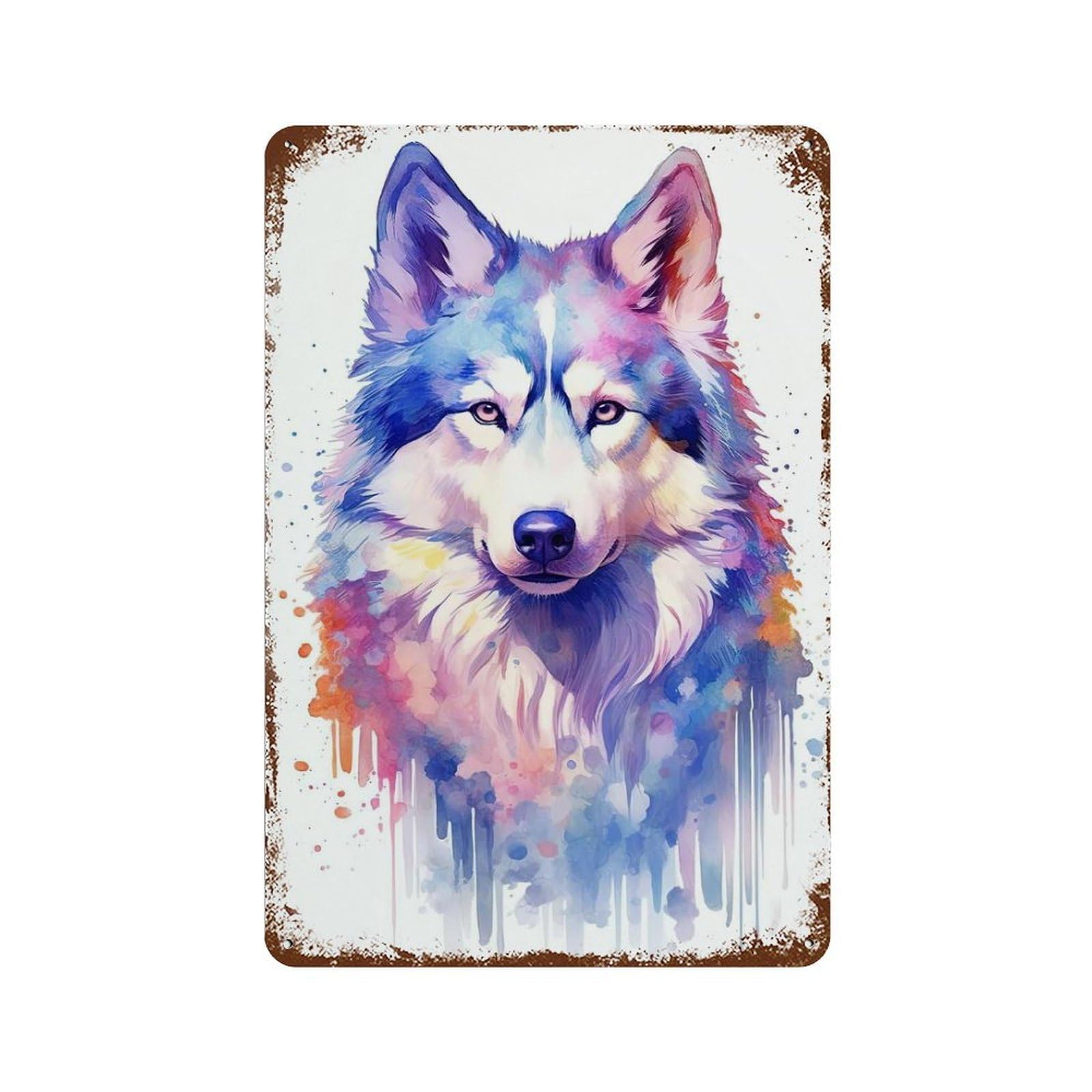 Rust Effect Watercolor Husky Painting Aged Metal Wall Plaque 11.8"x7.9", Shabby Chic Decor for Living Room, Hallway And Home Decor