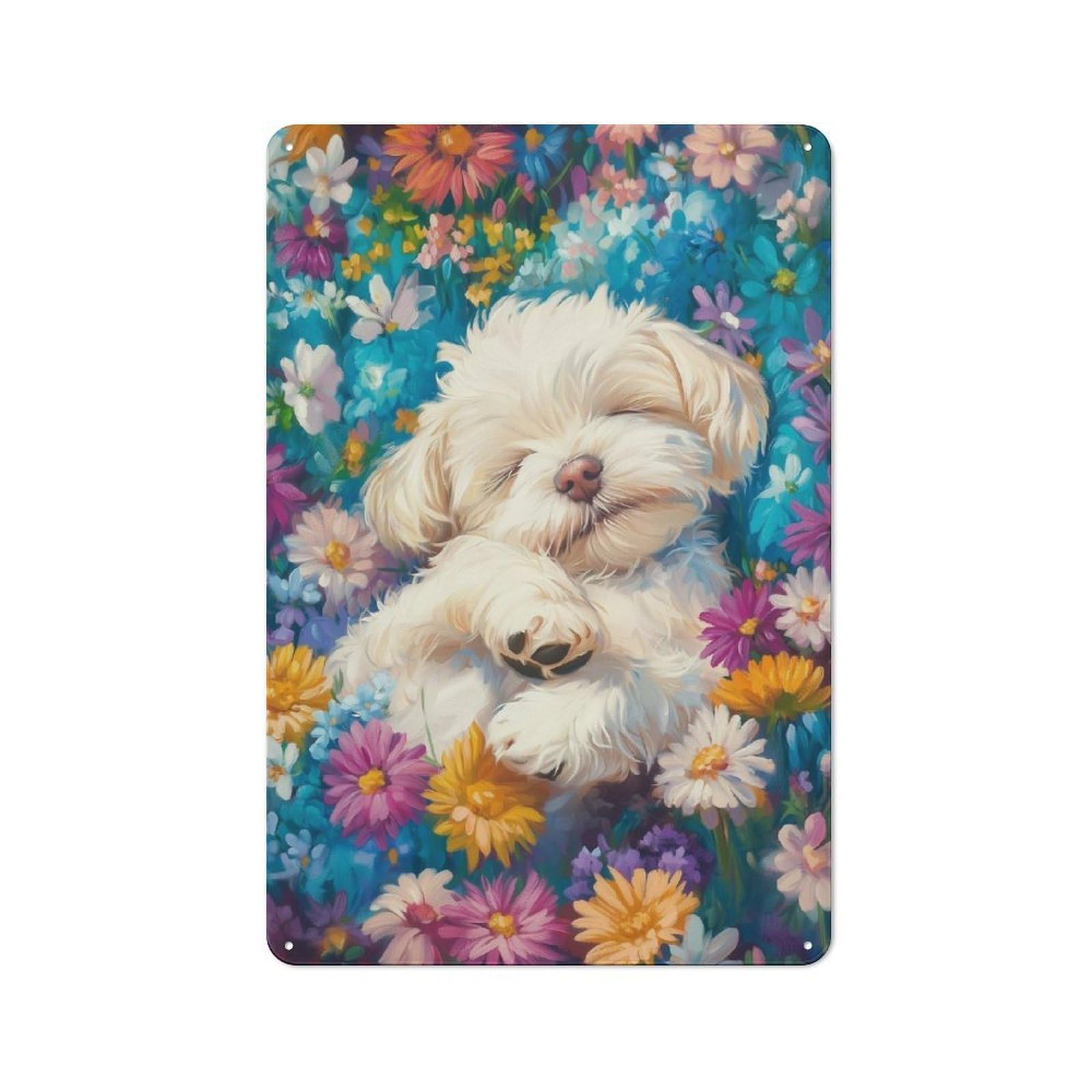 Junmoney Sleeping Dog In Floral Meadow Vintage Tin Sign 30X20cm With For Guest Room Or Hallway, For Collectors Decorating Guest Rooms And Hallways