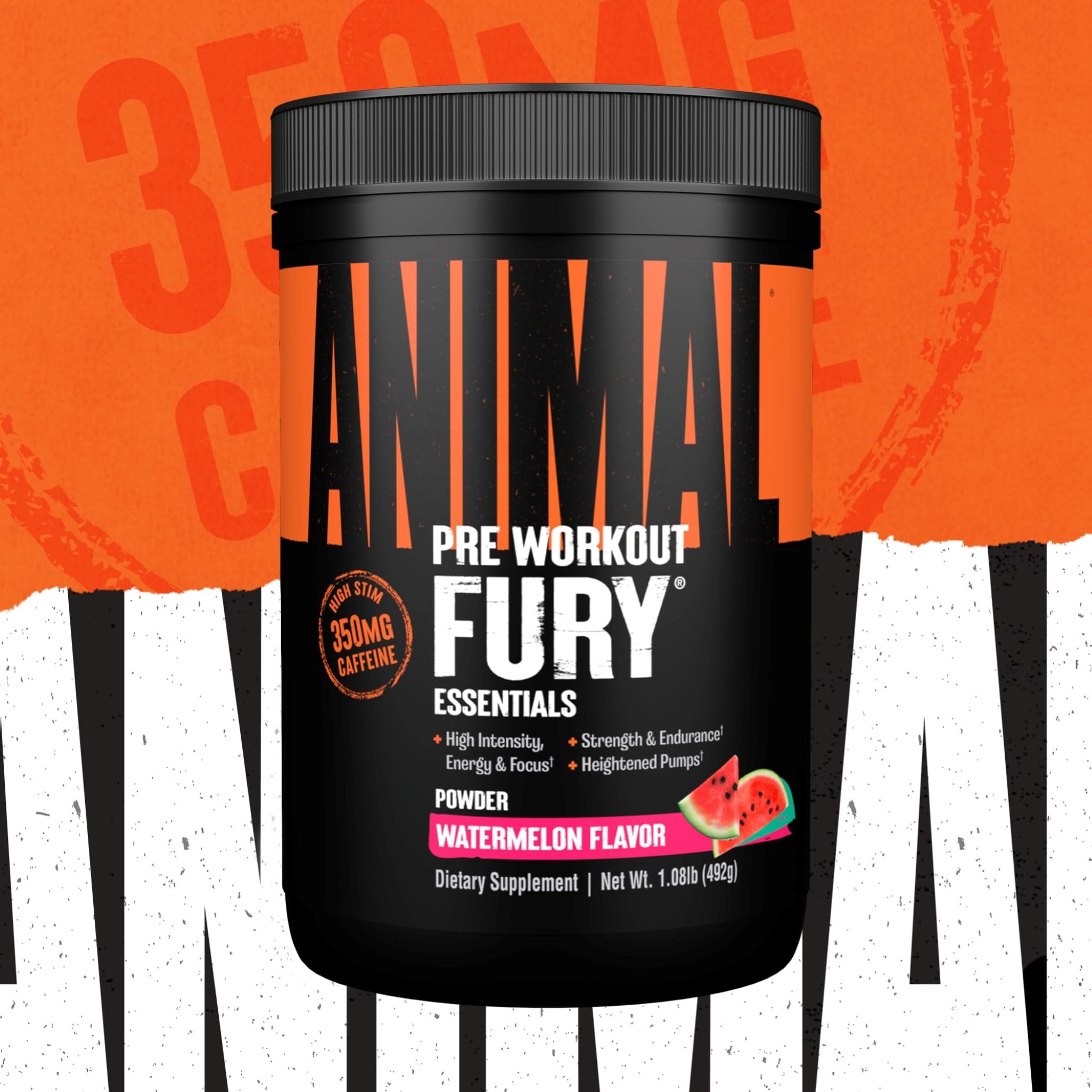 ANIMAL Fury Pre Workout Watermelon – Trainingsbooster mit BCAA, Beta-Alanin, Citrullin & 350 mg Koffein – Zuckerfreies Pre Workout Pulver – Für Fokus, Pump & Energie – 30 Portionen