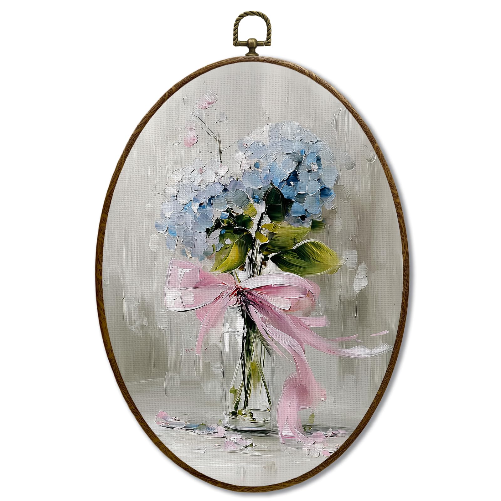 JQF Vintage Hydrangea Floral Oval Wall Decor, Cottagecore Floral Oval Canvas Wall Art, Pink Bow Flower Bouquet Botanical Framed Prints Hanging Decor for Home Bedroom Living Room, 8.5x11.5 Inch-image-45