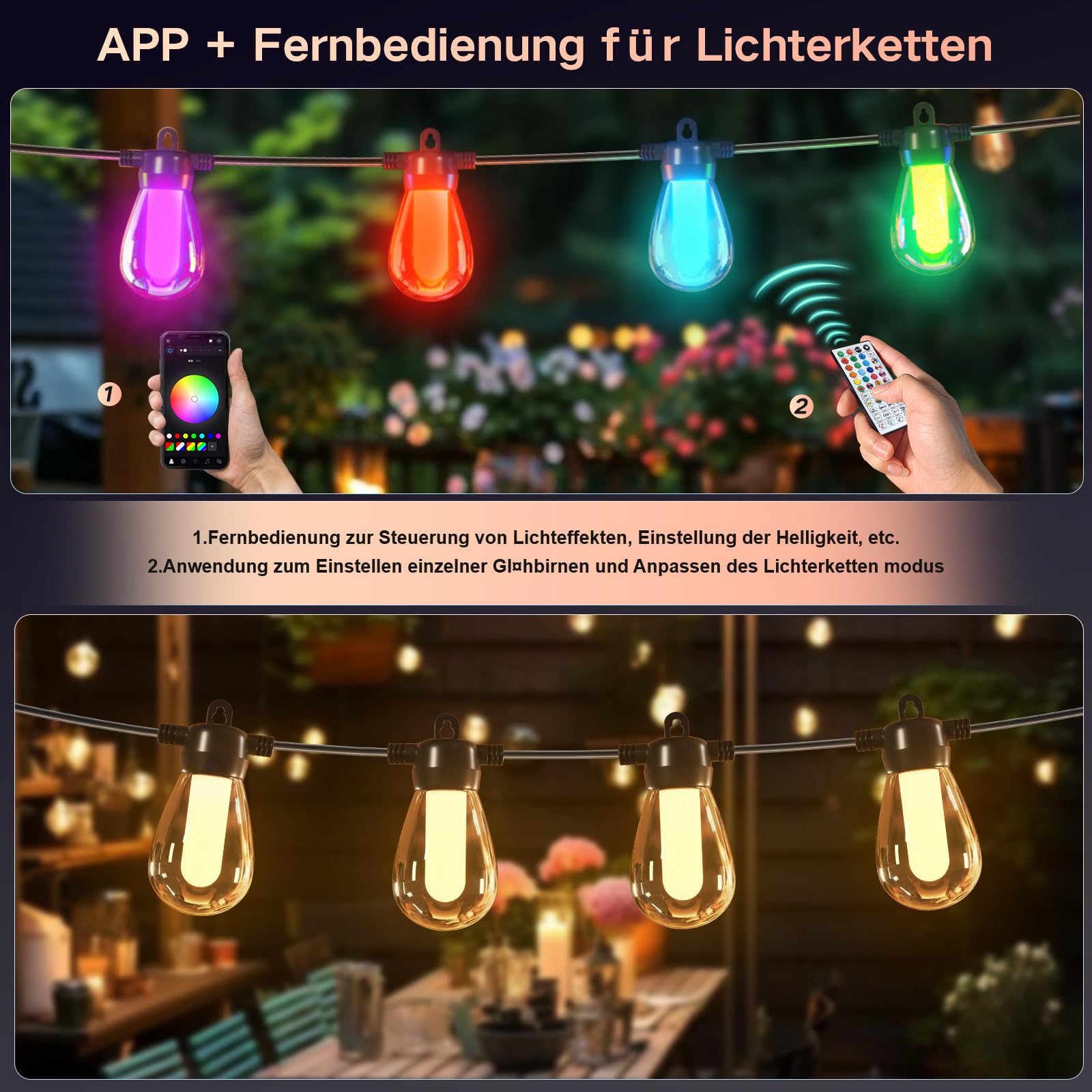 Guirlande lumineuse de 15 m pour l'extérieur/l'intérieur, réglable, RGB, plus de 1000 modes pour les fêtes, terrasses, brasseries en plein air, pavillons, balcons, jardins, Halloween, Noël (APP)